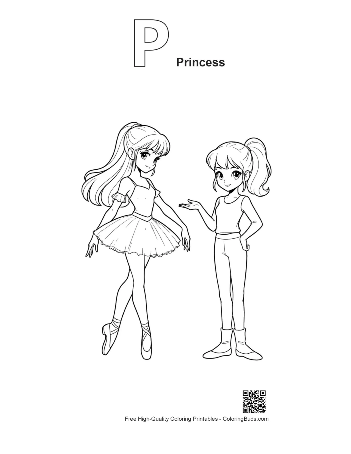 Ballerina Princess outline with P alphabet coloring page