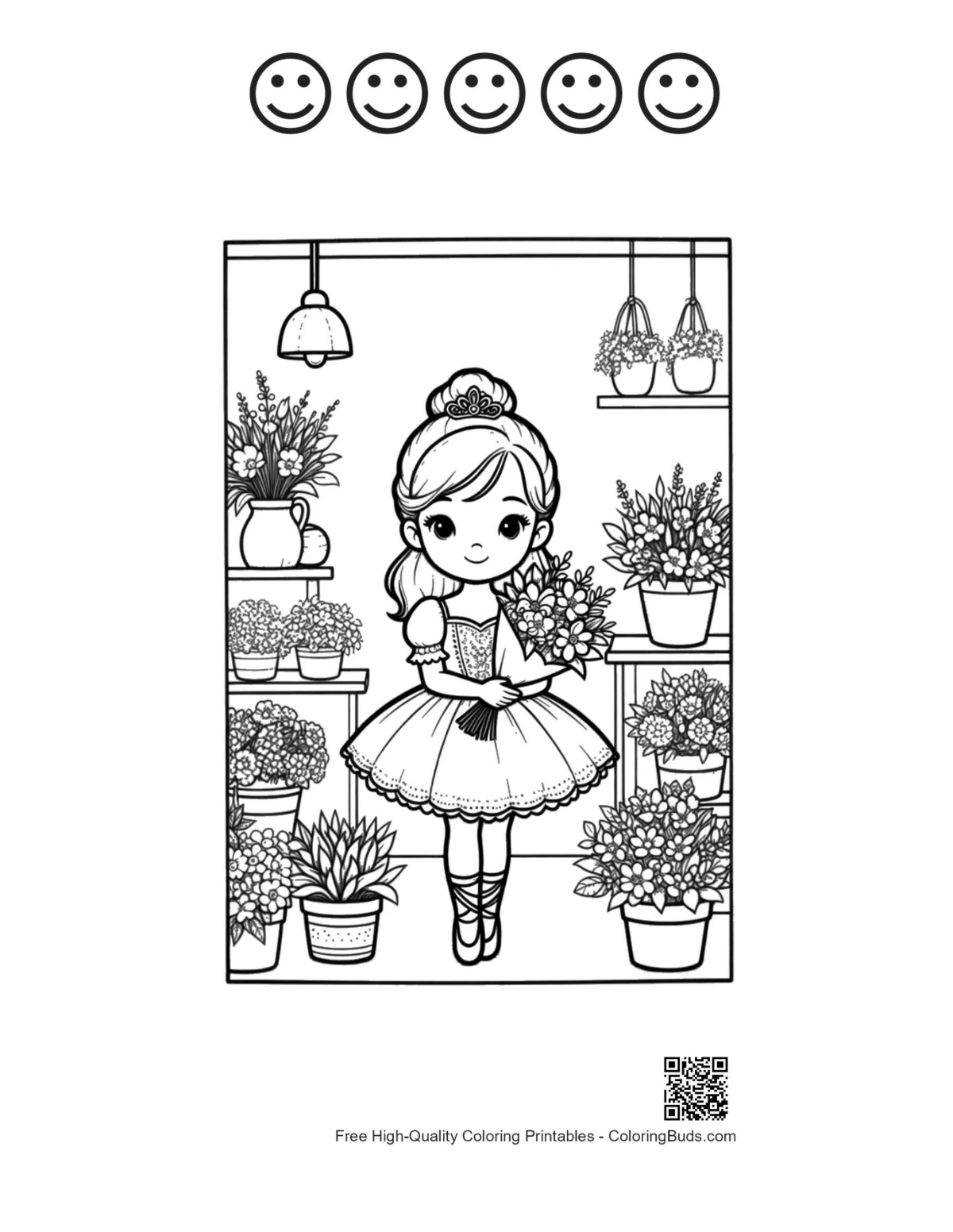 Ballerina princess flower shop 5 happy face outlines coloring page