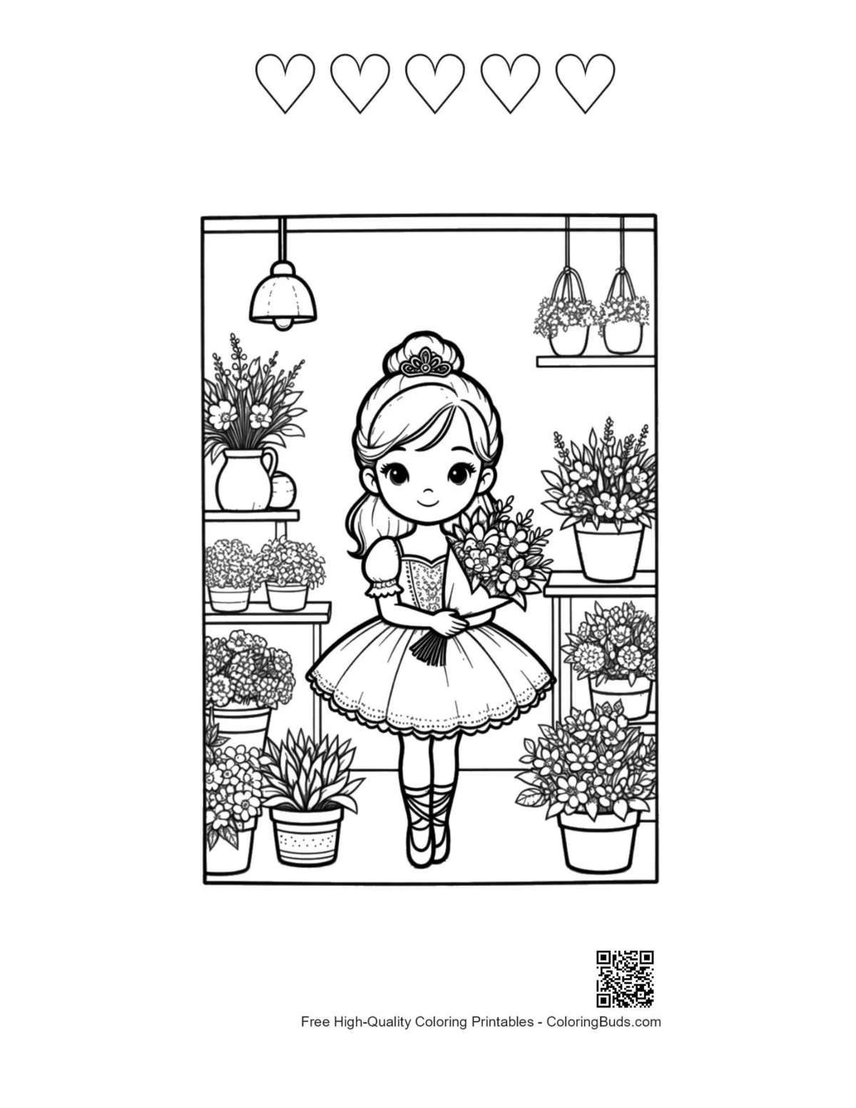 Ballerina princess dreamy flower shop with 5 heart outlines