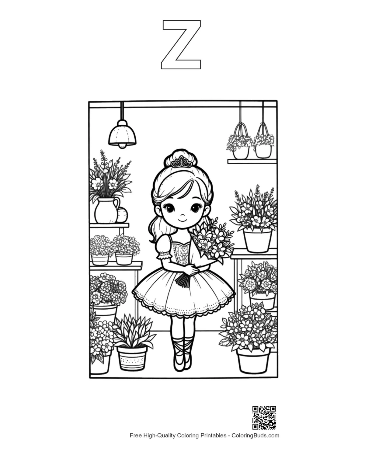 Ballerina princess flower shop with alphabet Z outline coloring