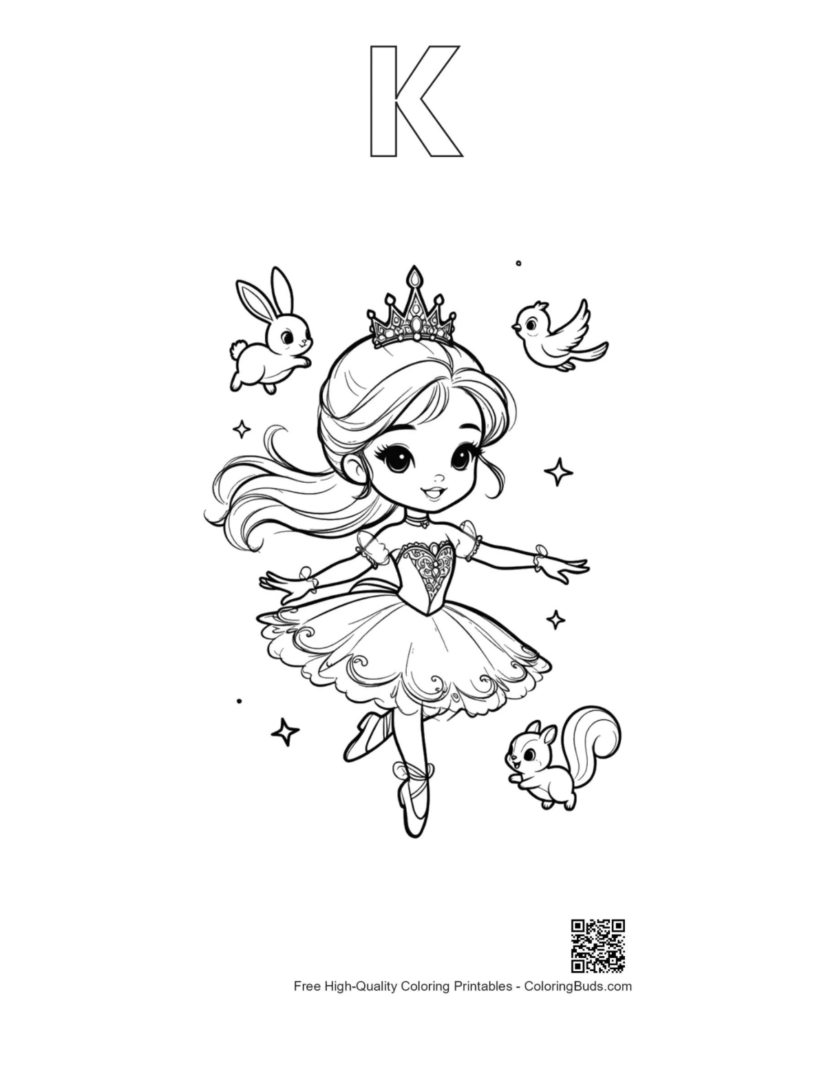 Ballerina princess coloring page featuring outline letter K shape
