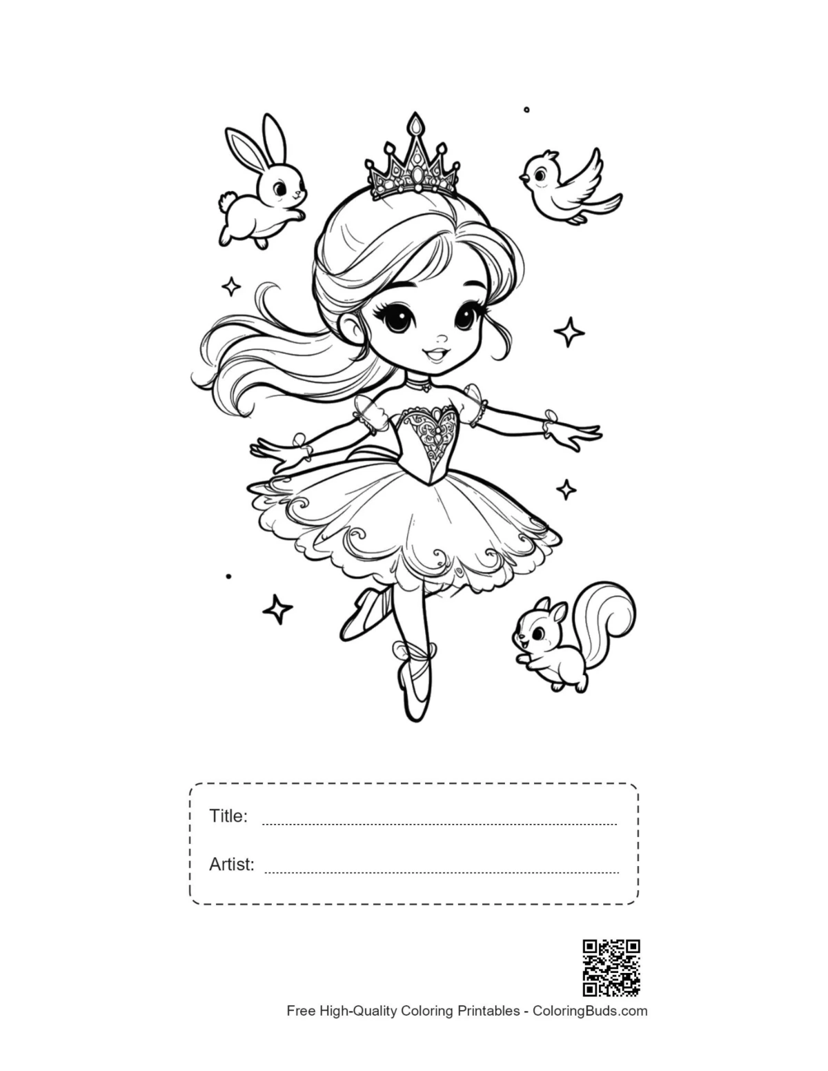 Printable ballerina princess page with title and artist name box