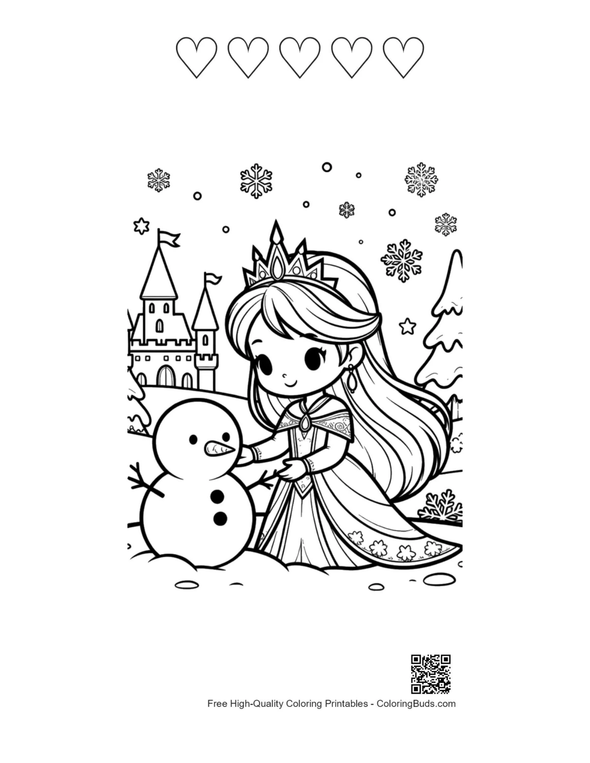 Ice princess snowman 5 heart outline coloring sheet
