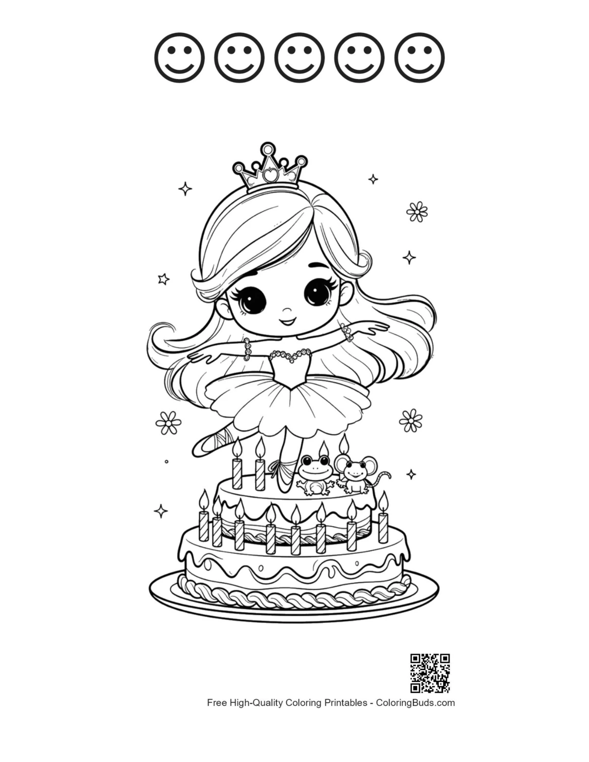 Ballerina princess on cake 5 happy faces outline coloring