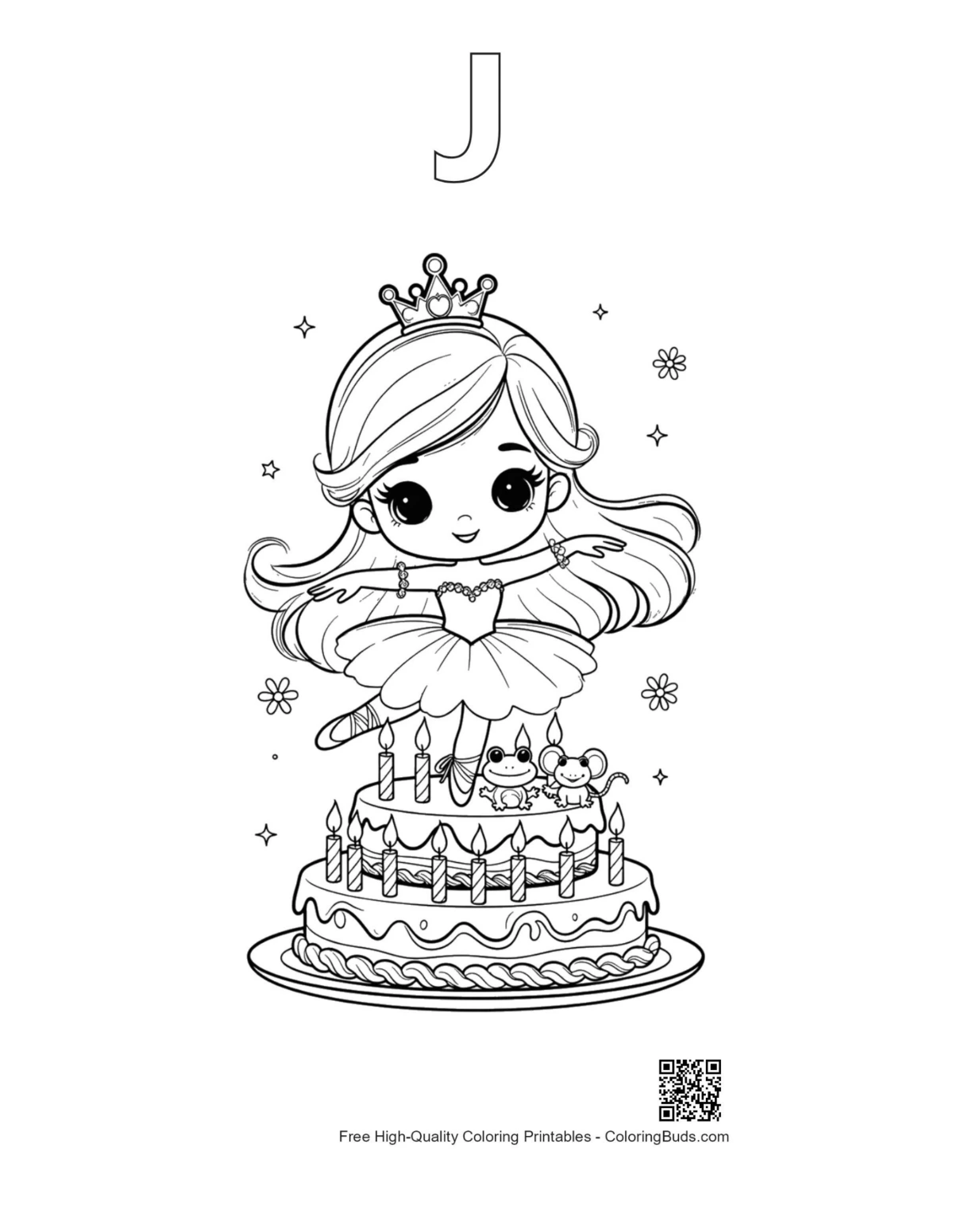 Ballerina princess cake outline with alphabet J printable