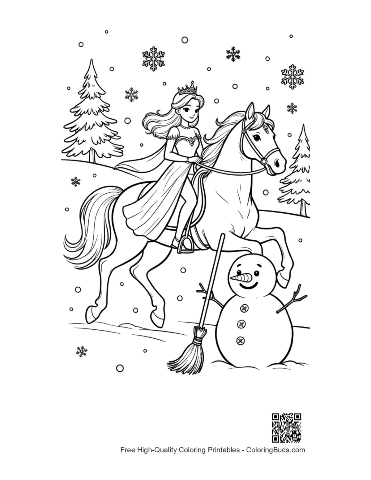 Brave Ice Princess riding stallion past snowman printable