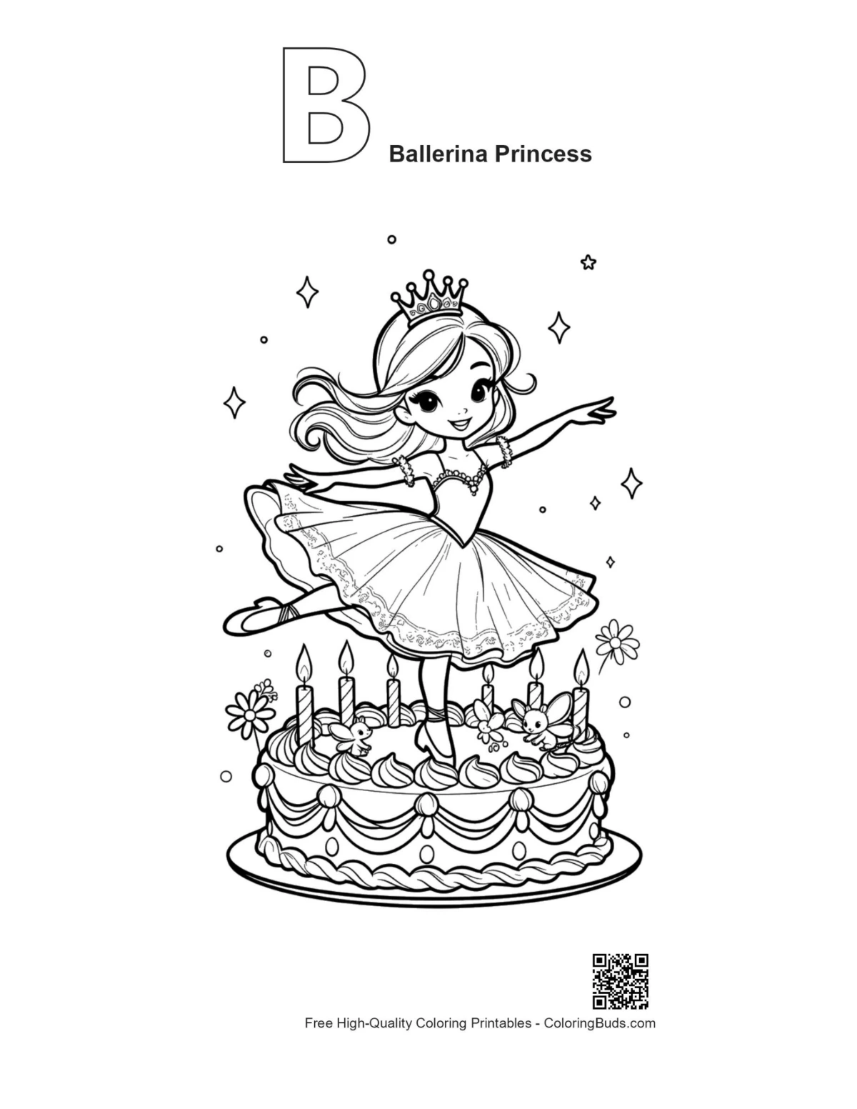 Ballerina-Prinzessin Torte mit Buchstabe B Kontur Ausmalbild