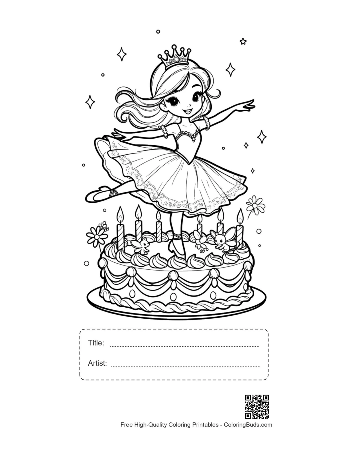 Süßes Ballerina-Prinzessin Kuchen Ausmalbild mit Titel-Feld