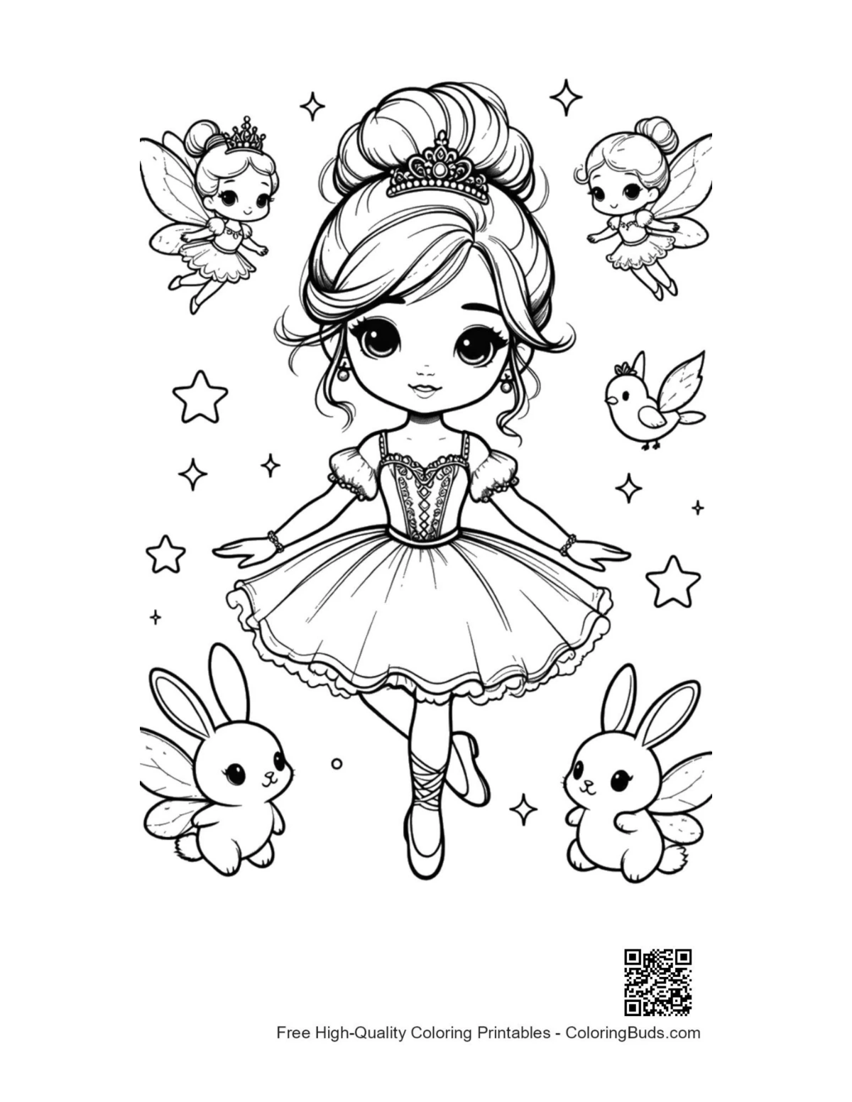 Cute ballerina princess dancing with fairy friends coloring page