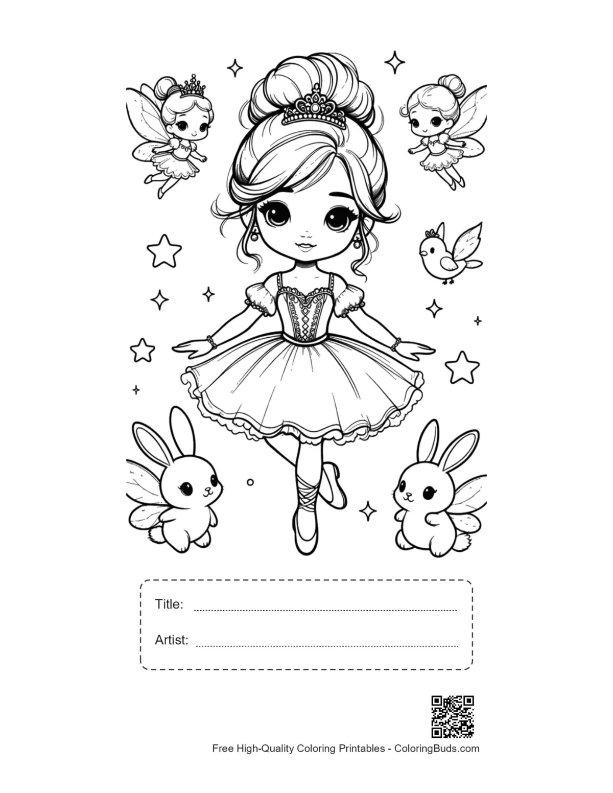 Printable ballerina princess with fairies, title and artist box