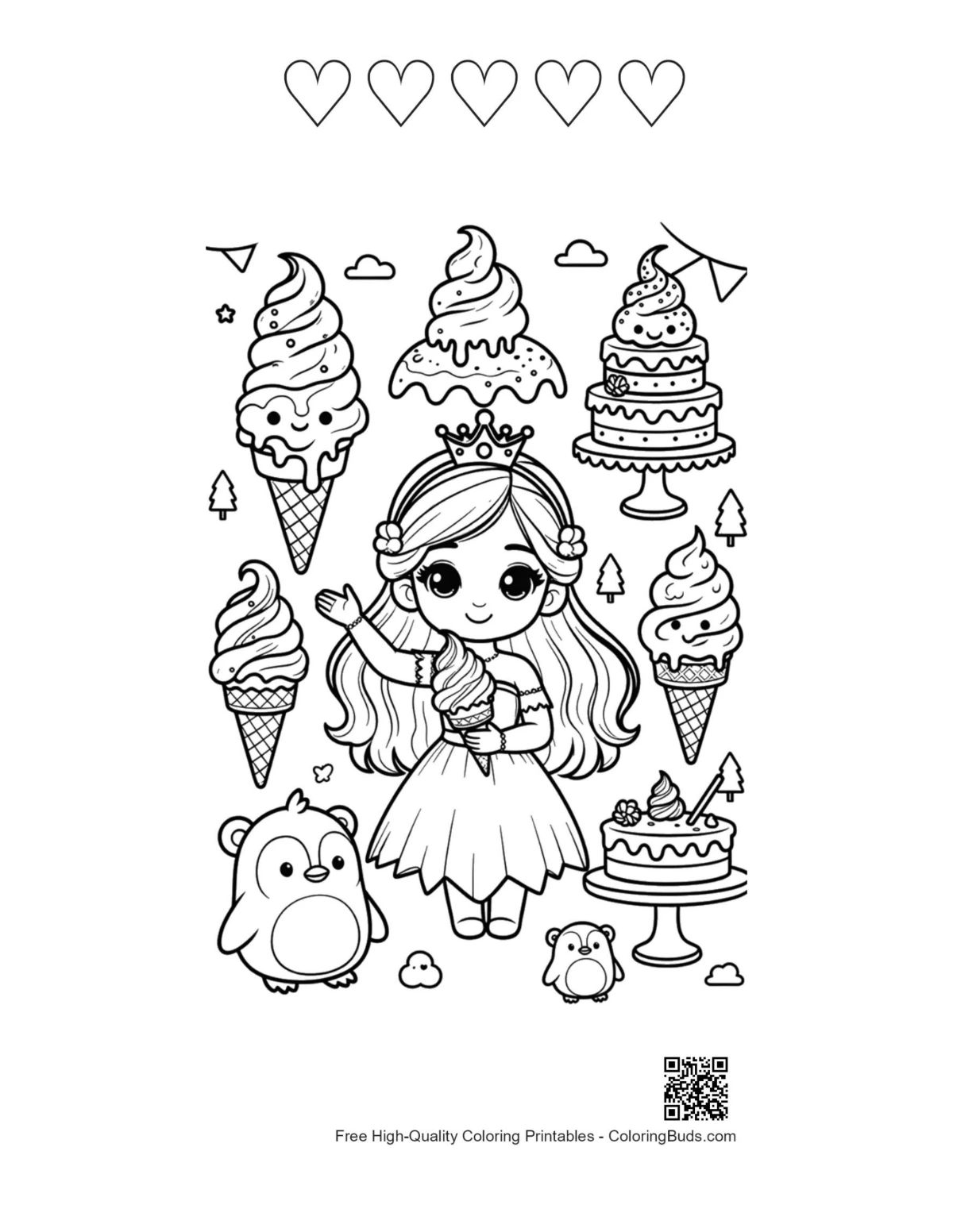 Princess coloring sheet with heart outlines