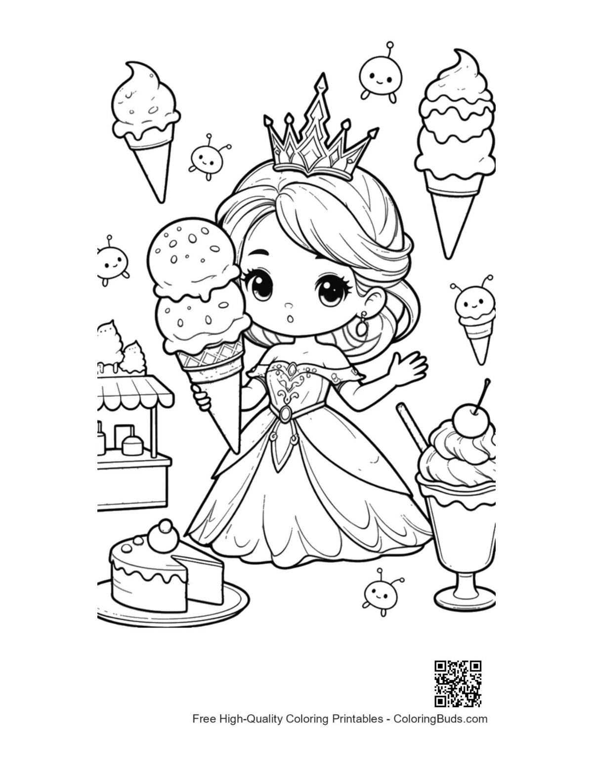 Cute ice princess ice cream winter shop coloring page