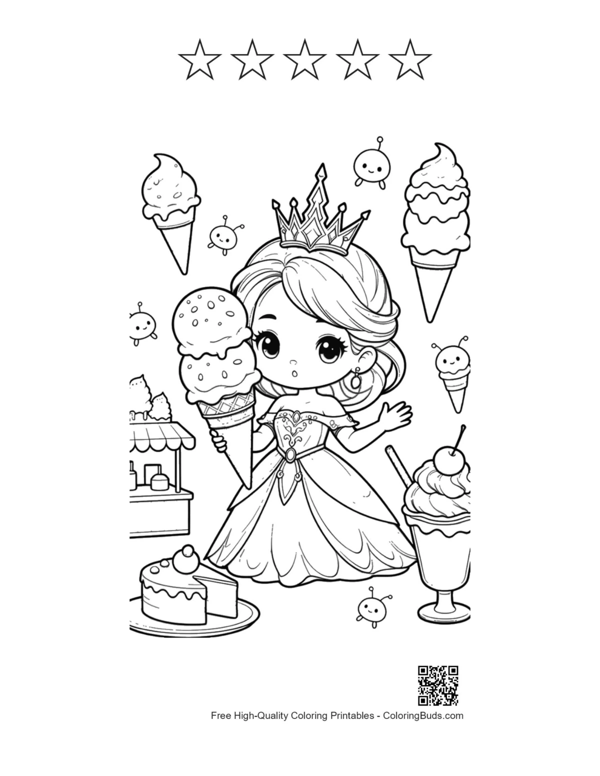 Ice princess ice cream with 5 star outline coloring page