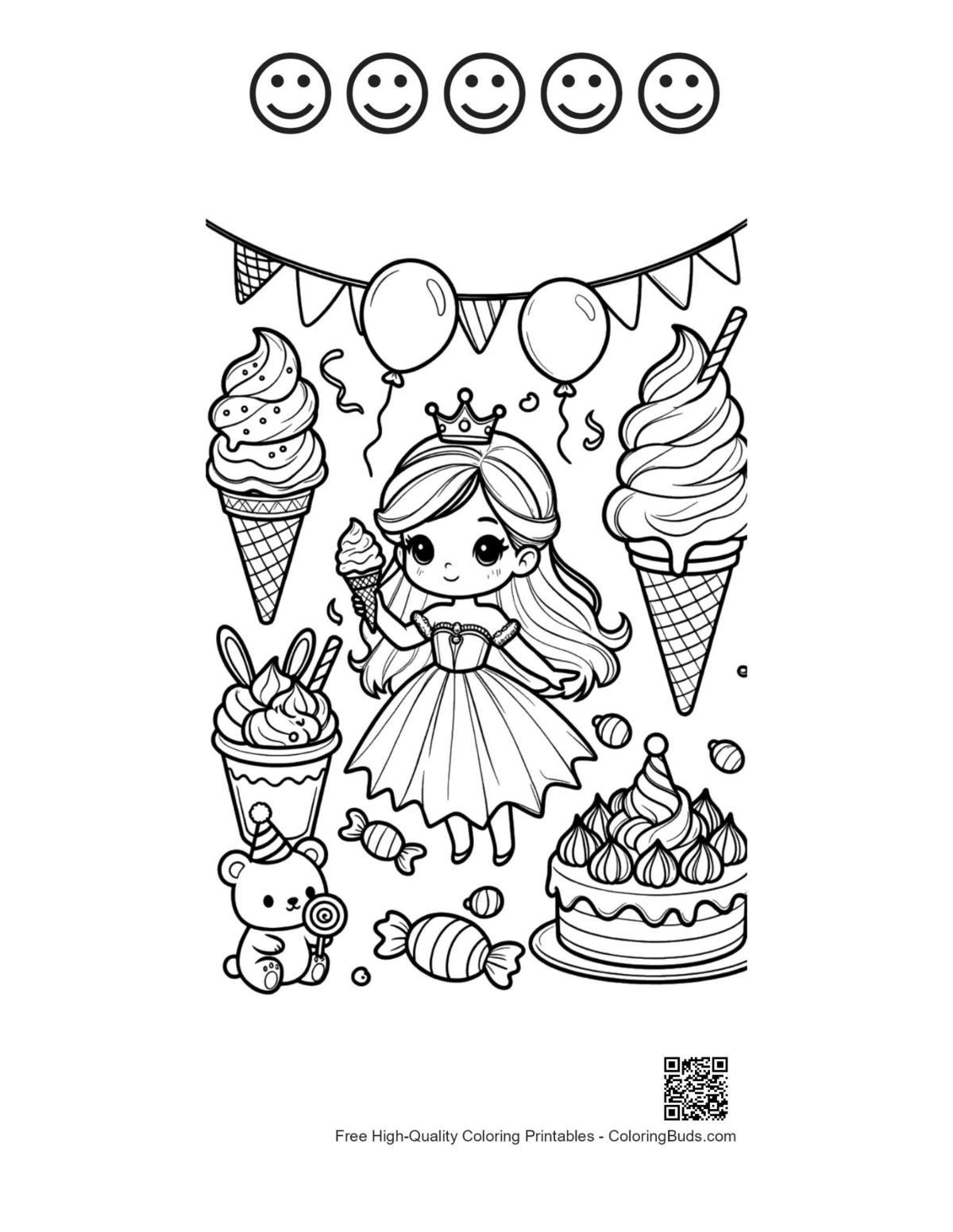 Cute ice princess with happy faces outline