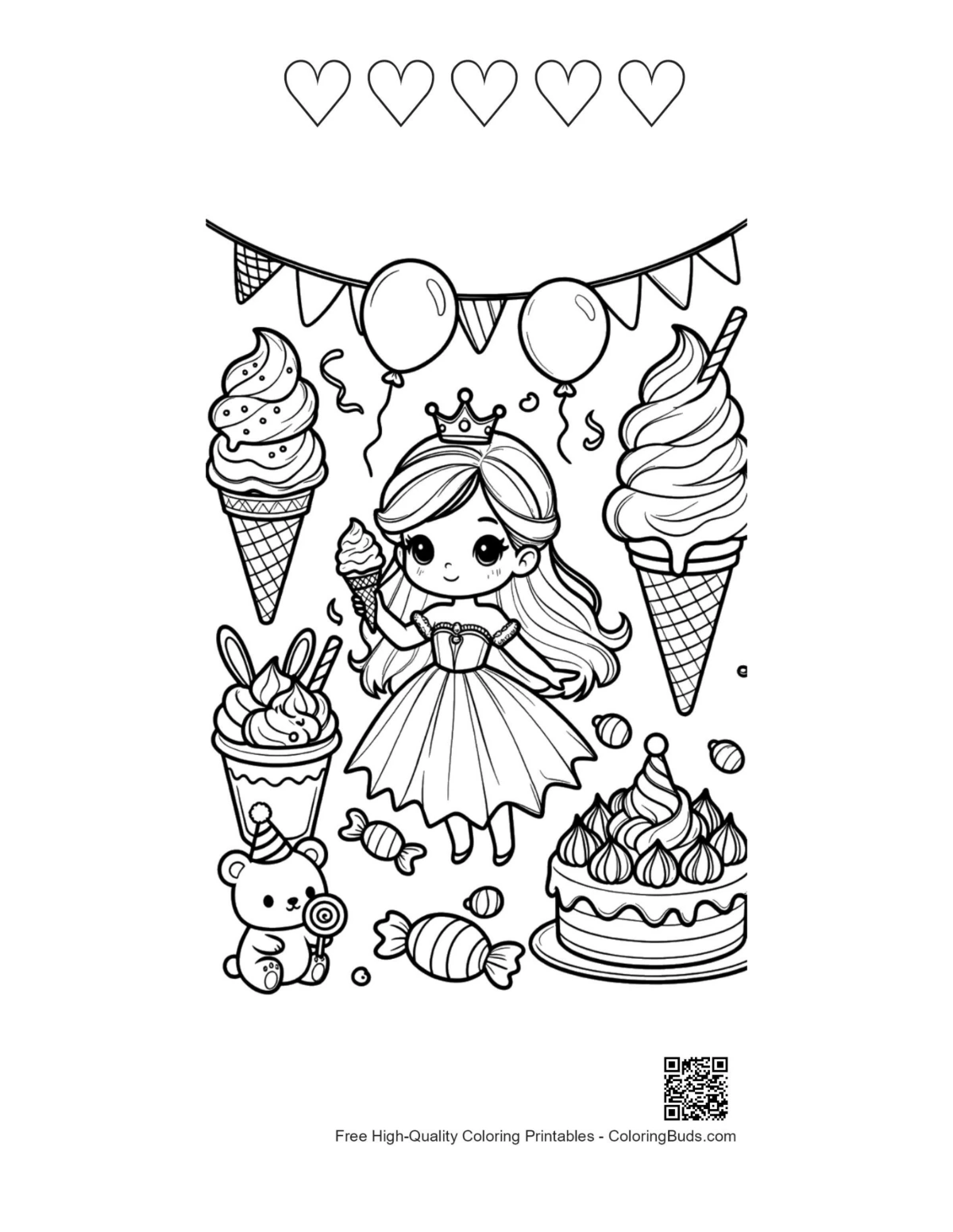 Cute ice princess with 5 hearts printable