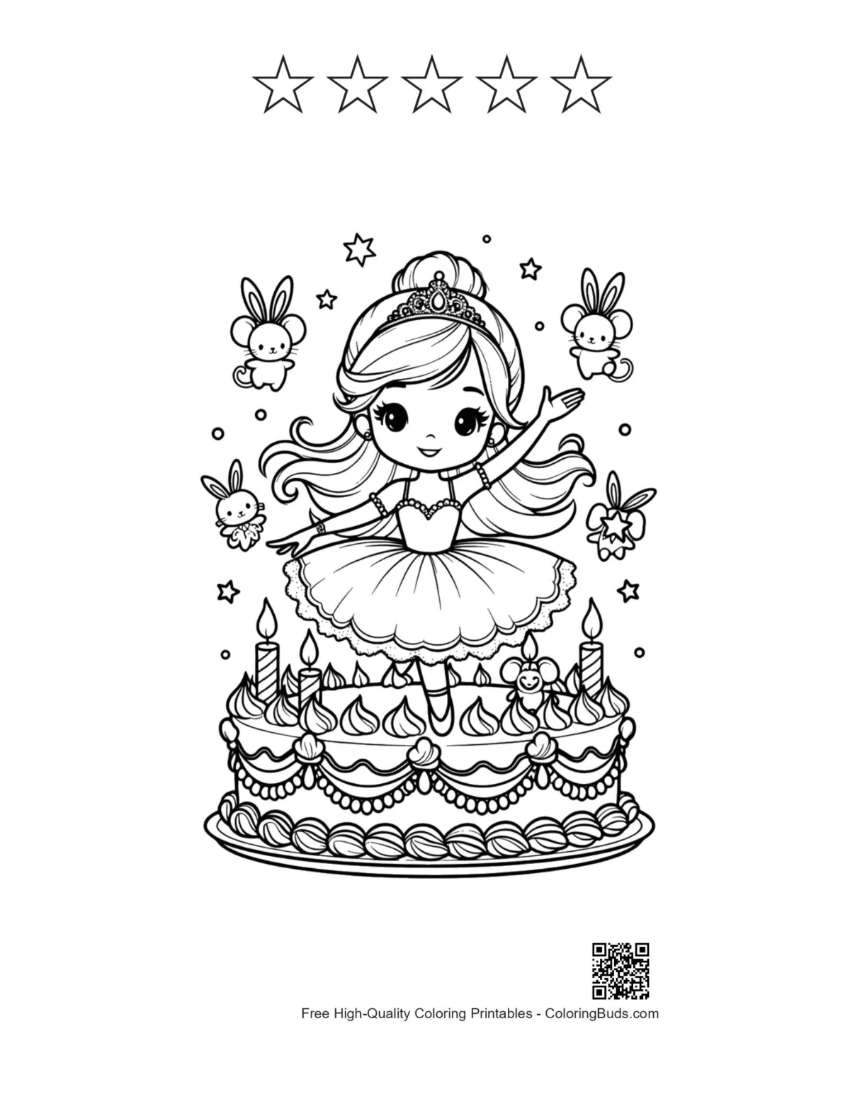 Ballerina princess printable with 5 star outlines for kids