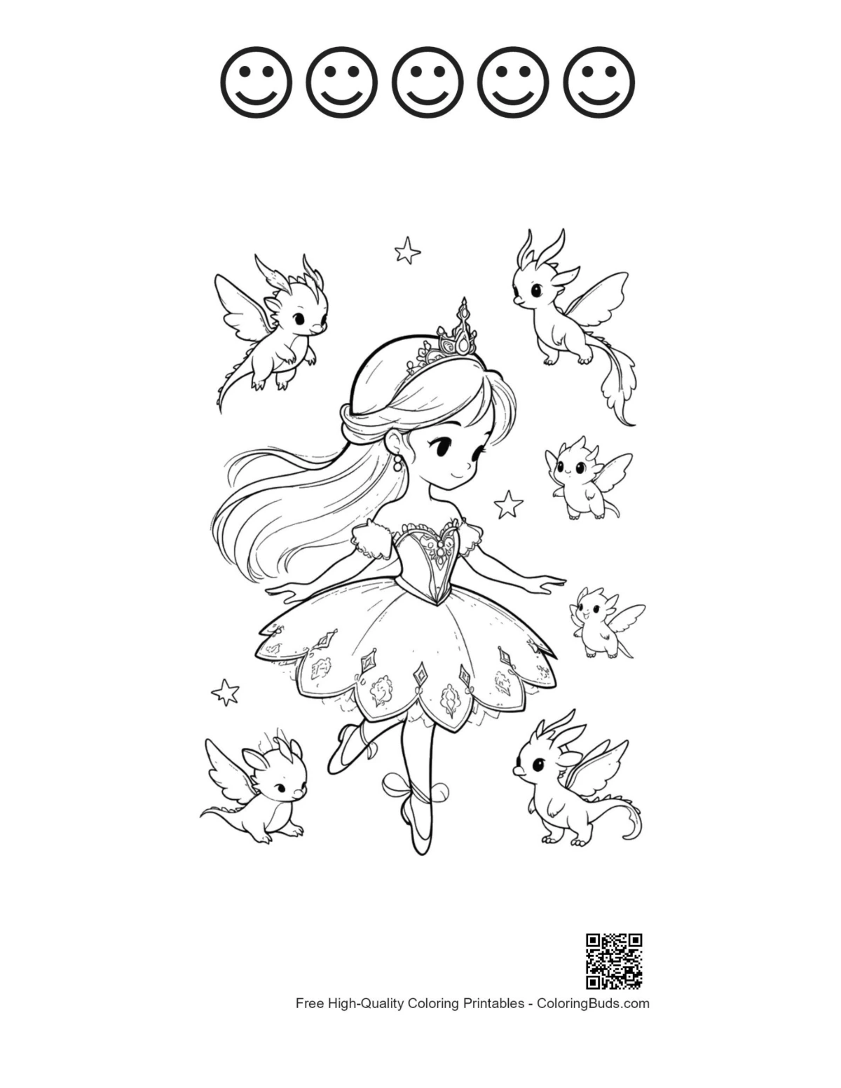 Ballerina princess with 5 happy face outline printable
