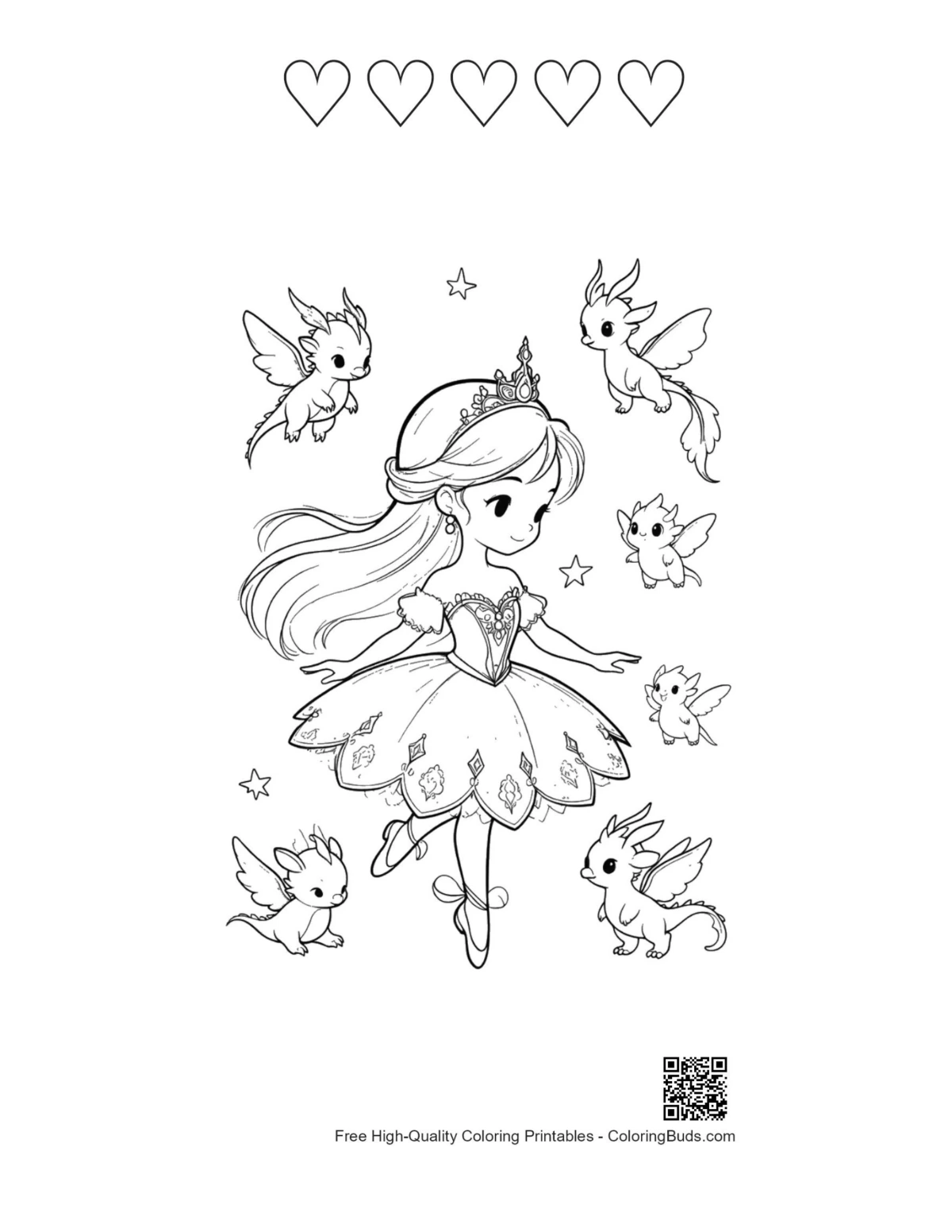 Ballerina princess printable featuring 5 heart outlines