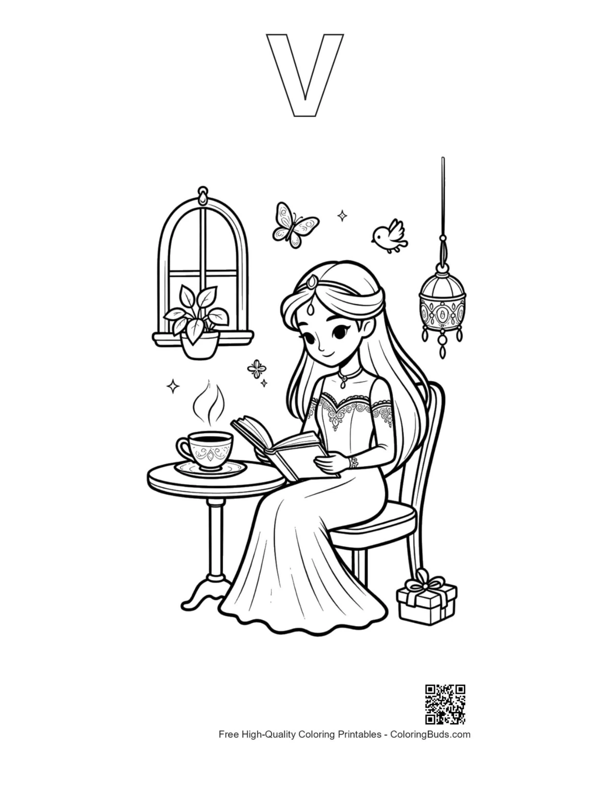 Ice princess coloring with alphabet V outline