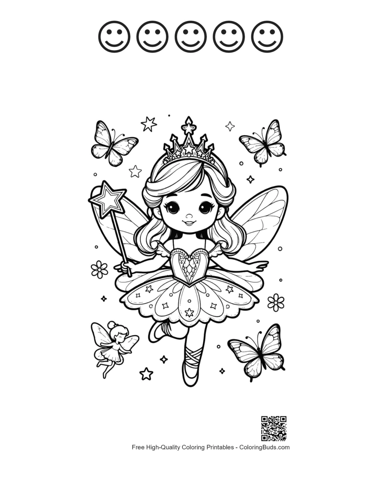 Easy ballerina princess page with 5 happy faces
