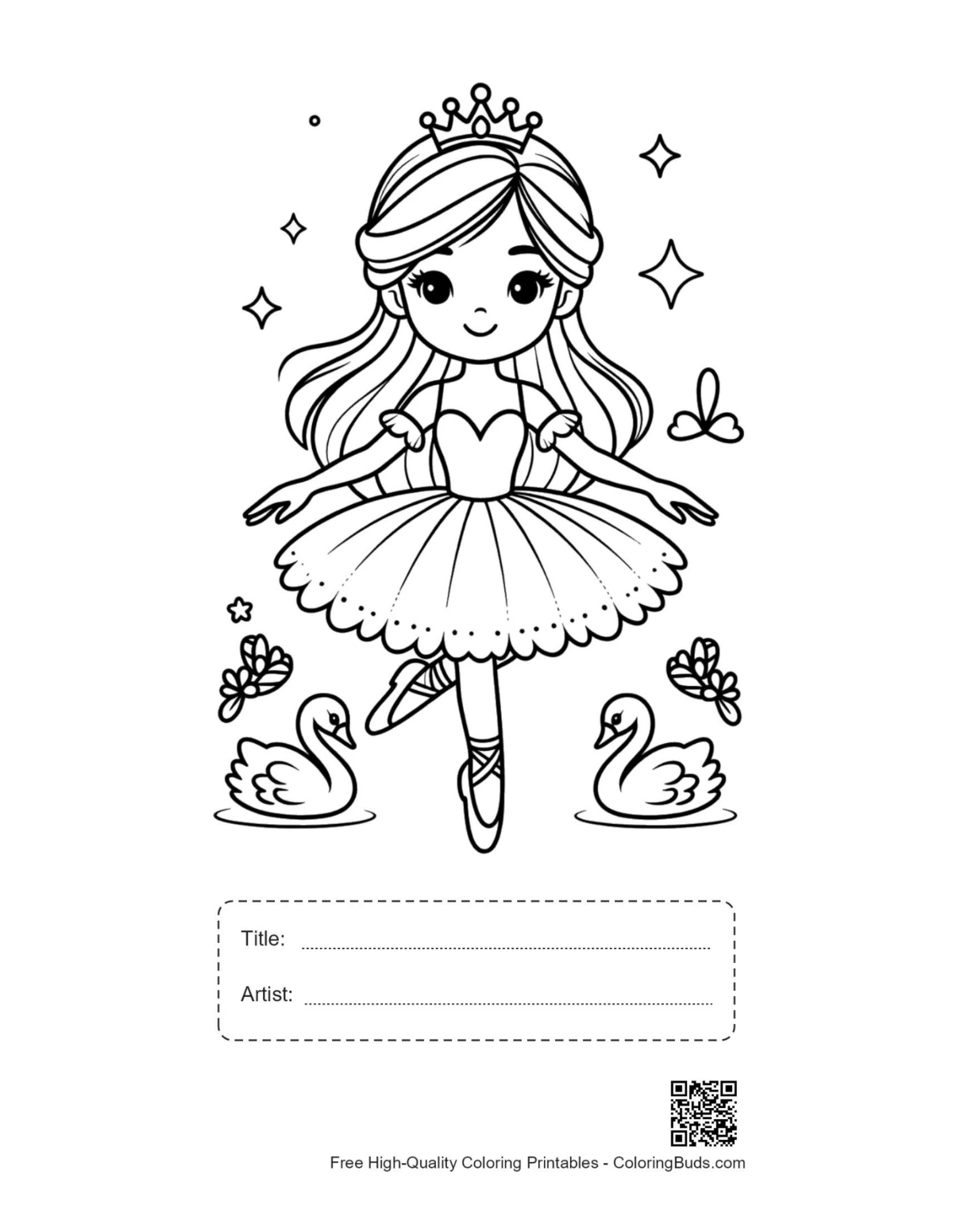 Ballerina-Prinzessin Schwäne druckbar mit Titel-Feld