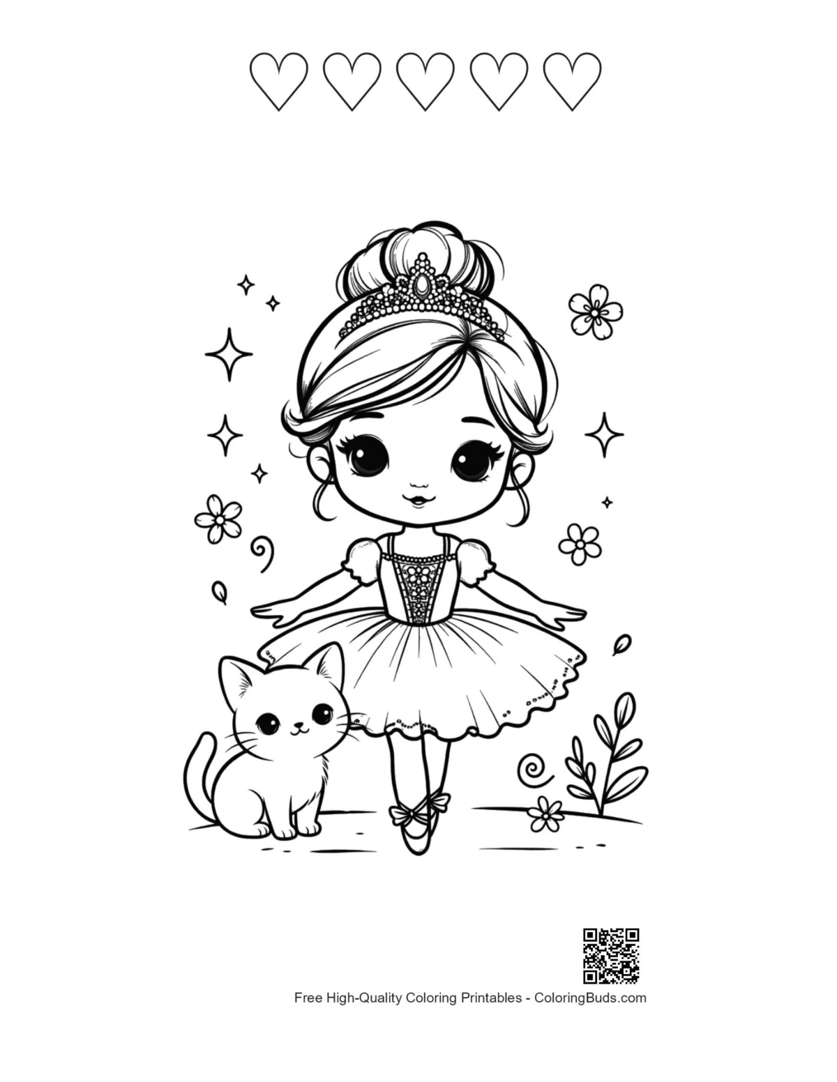 Ballerina princess spring printable with heart outlines