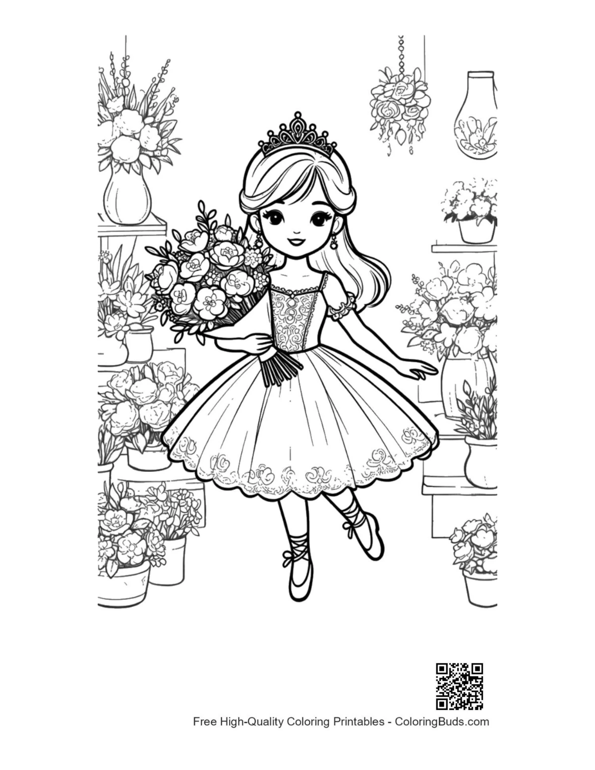 Graceful ballet princess printable with crown flowers
