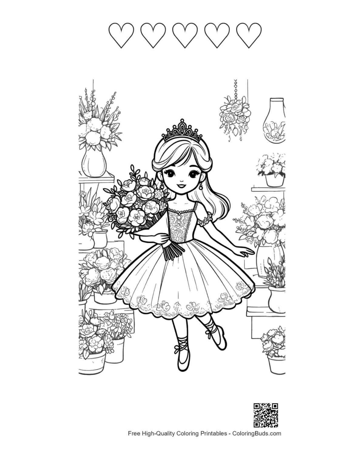 Princess printable with 5 heart outlines