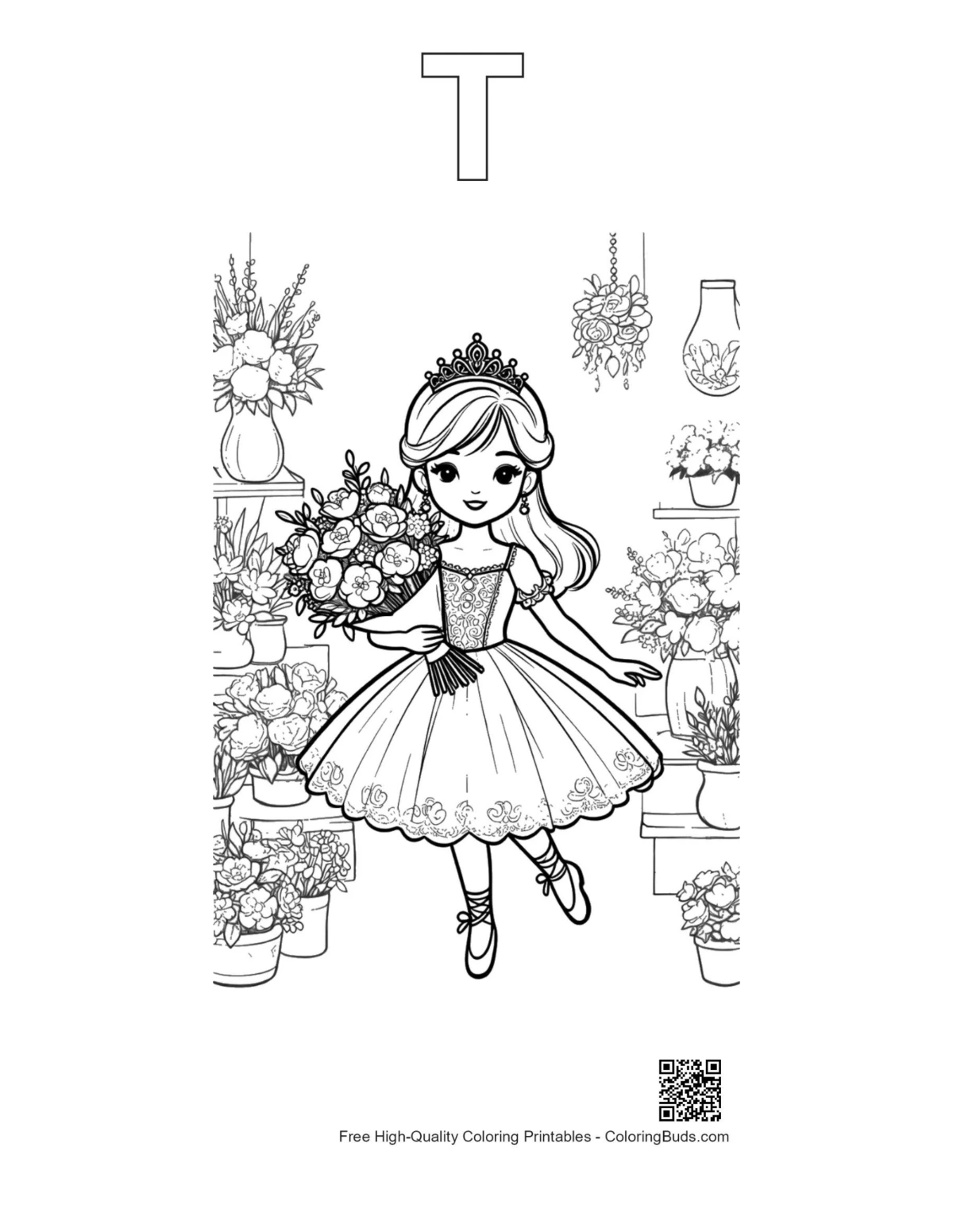 Ballet princess printable outline with alphabet T