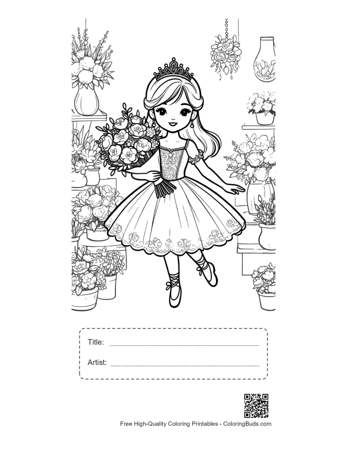 Ballerina princess coloring page with title artist box