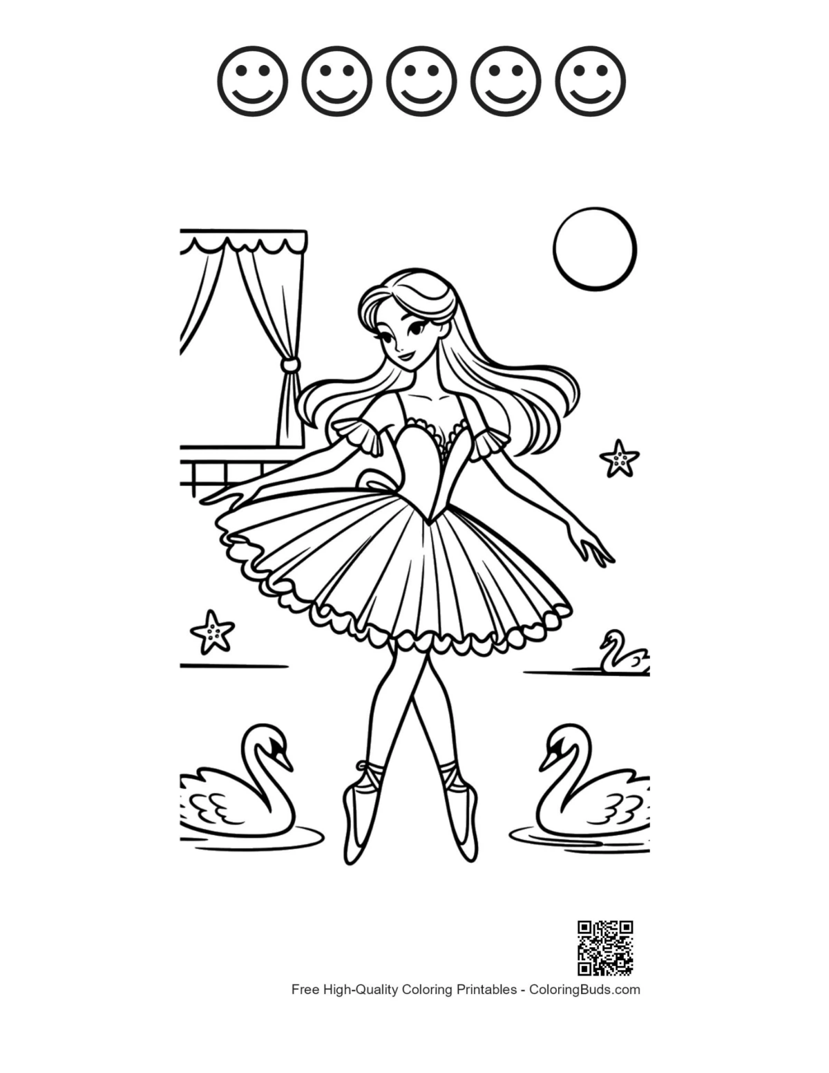 Graceful ballerina stage pose with 5 happy faces printable