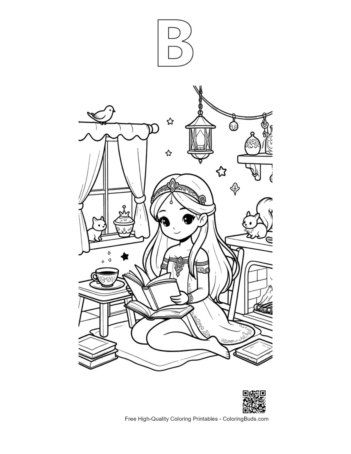 Ice princess coloring with alphabet B outline