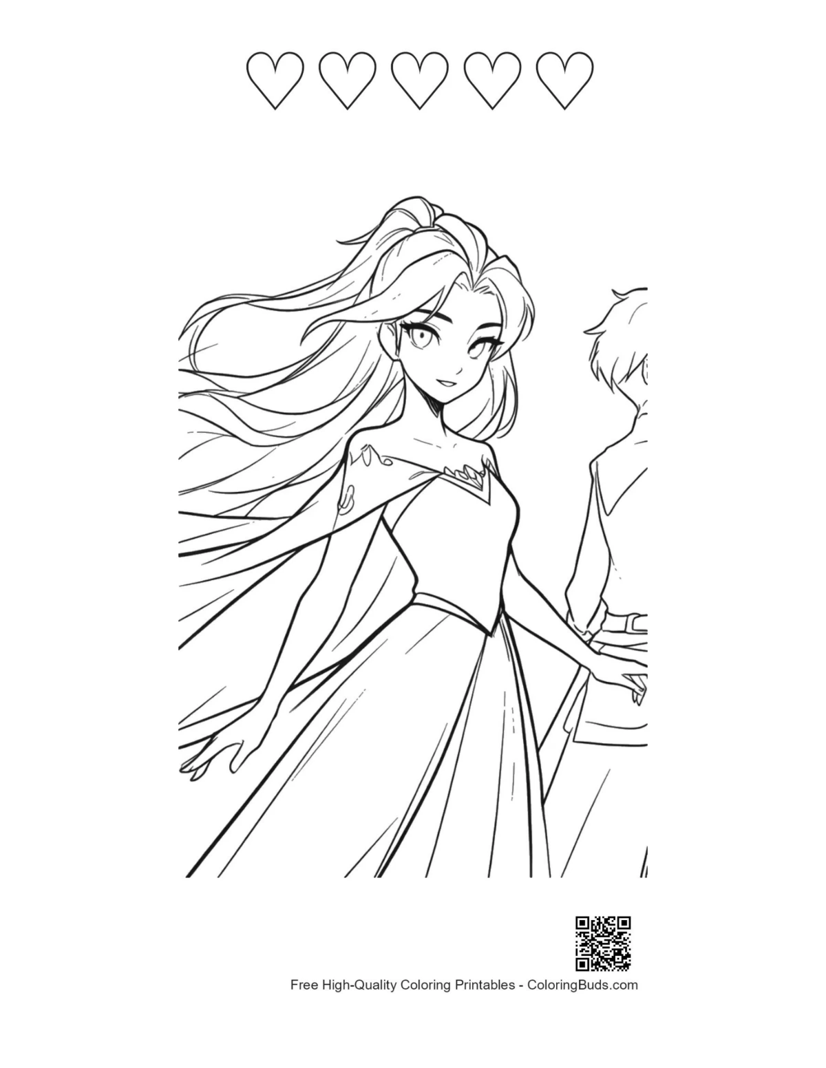 Ausmalbild „Eisprinzessin“ mit Herzumrissen zum Ausdrucken