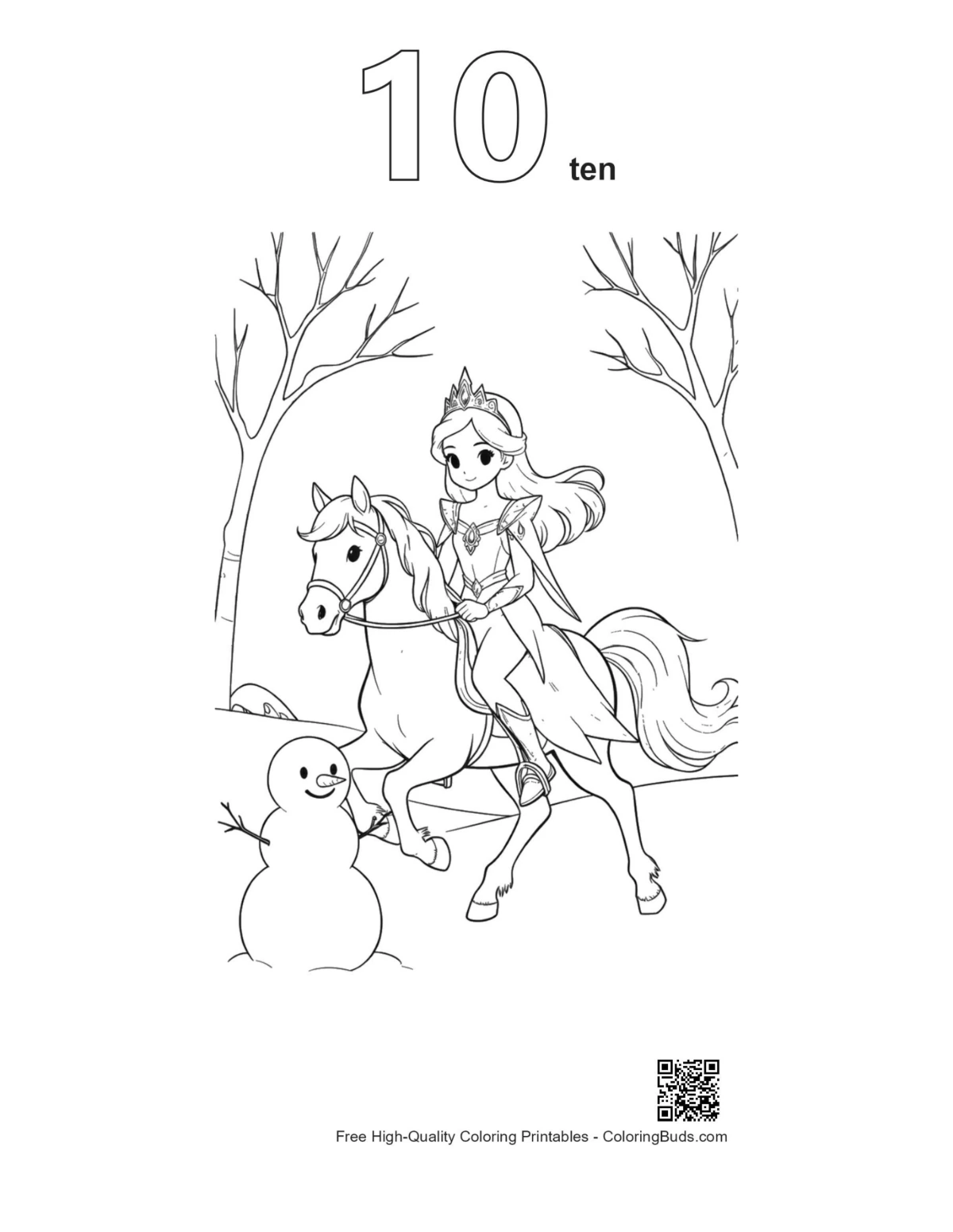 Ice princess outline with number 10 for kids printable