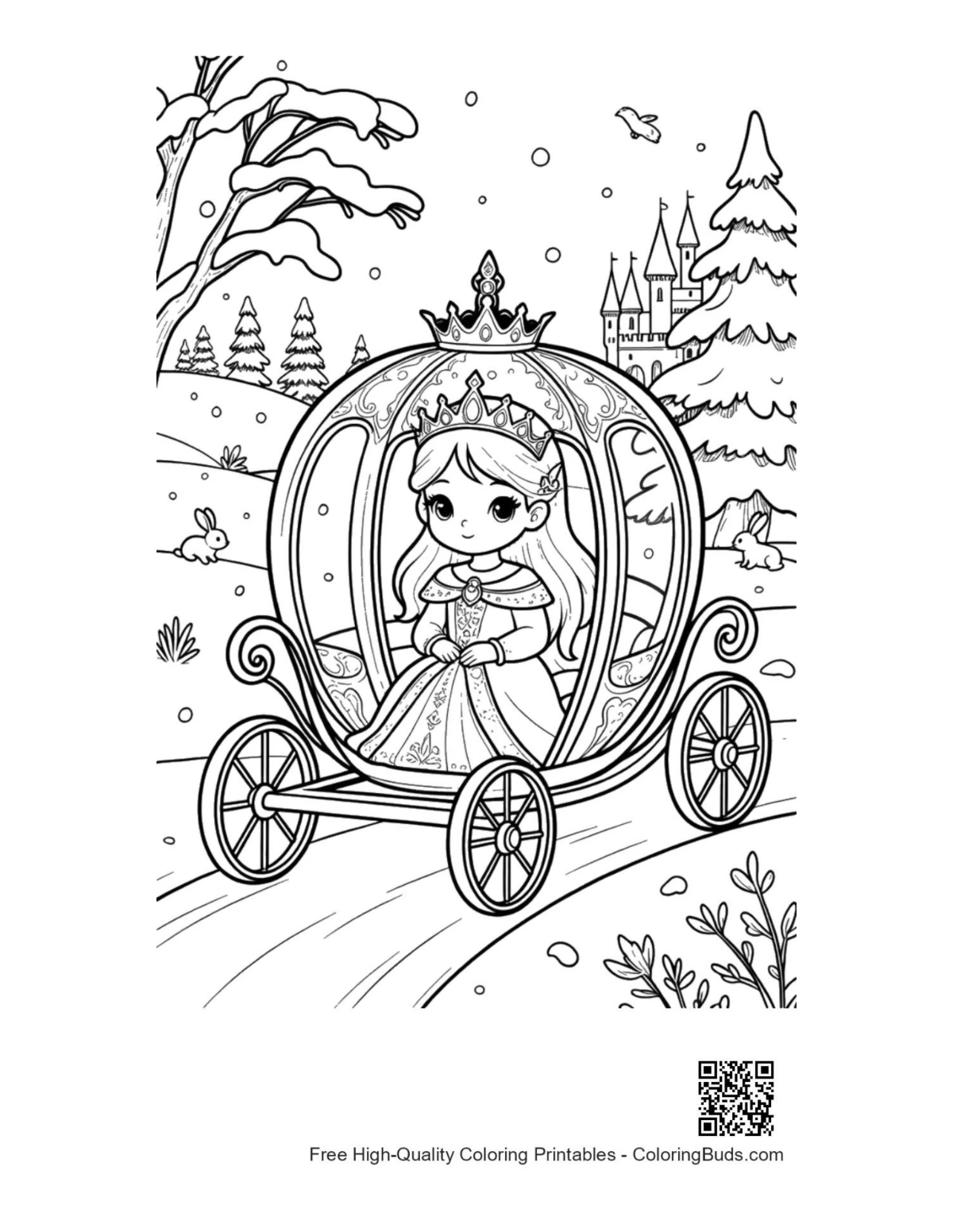 Ice princess gazing from royal magic snow carriage coloring page