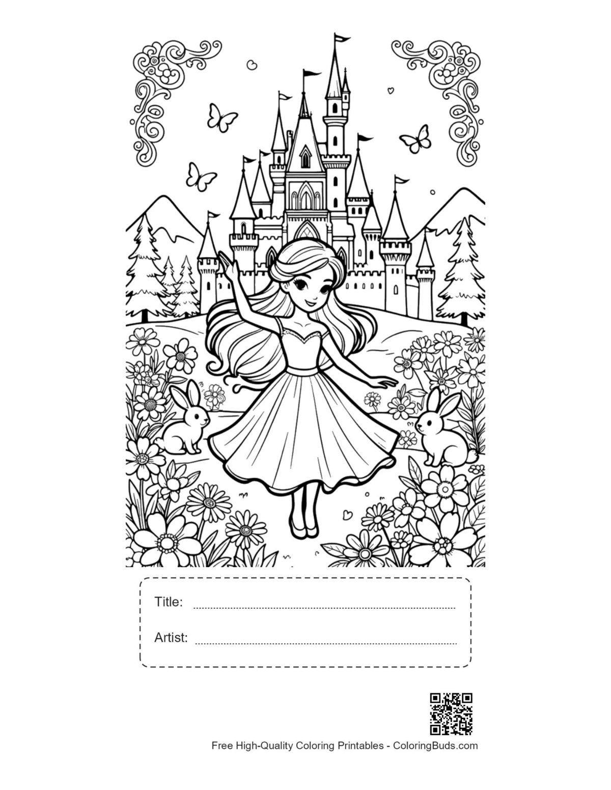 Ice princess coloring sheet with title space and artist signature area