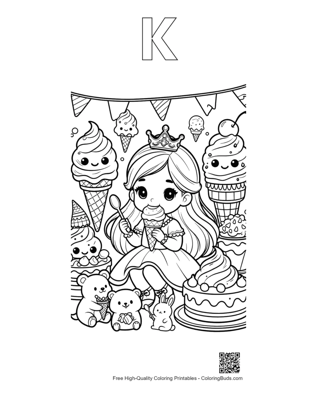 Ice princess coloring with alphabet K outline