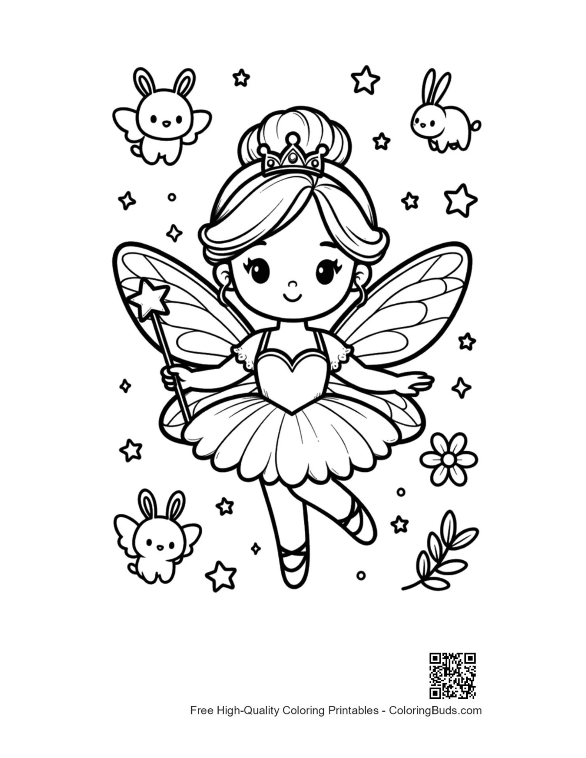 Little ballerina princess dancing with butterflies coloring page