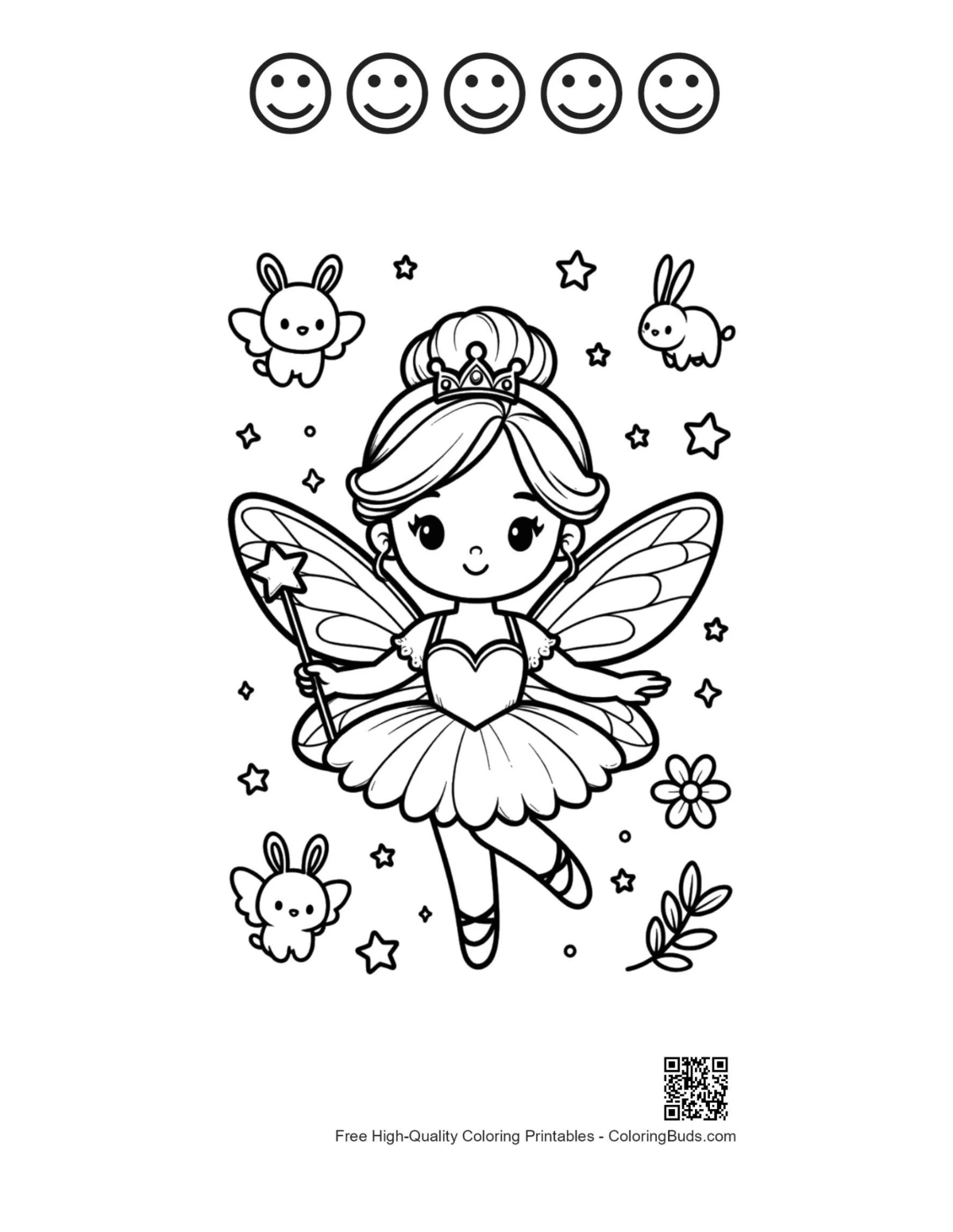 Princess dancing butterflies with 5 happy faces outline page