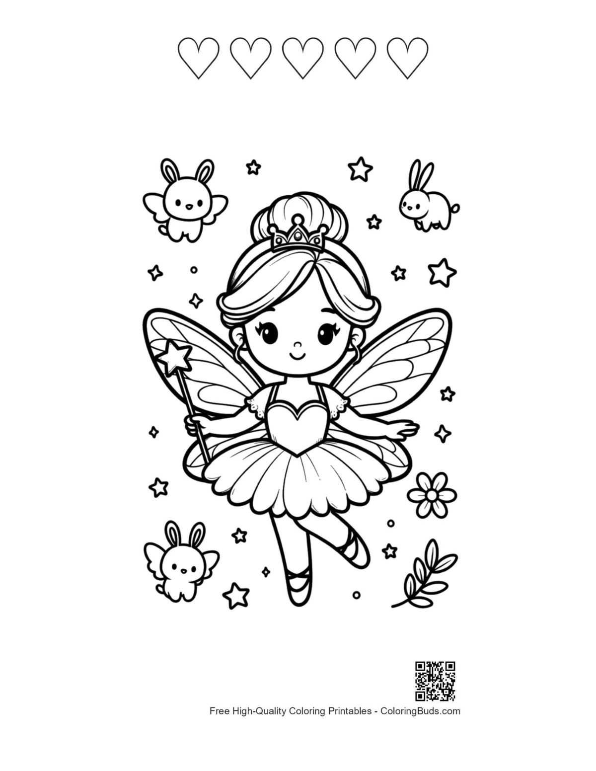 Ballerina Princess printable with butterflies and heart outlines