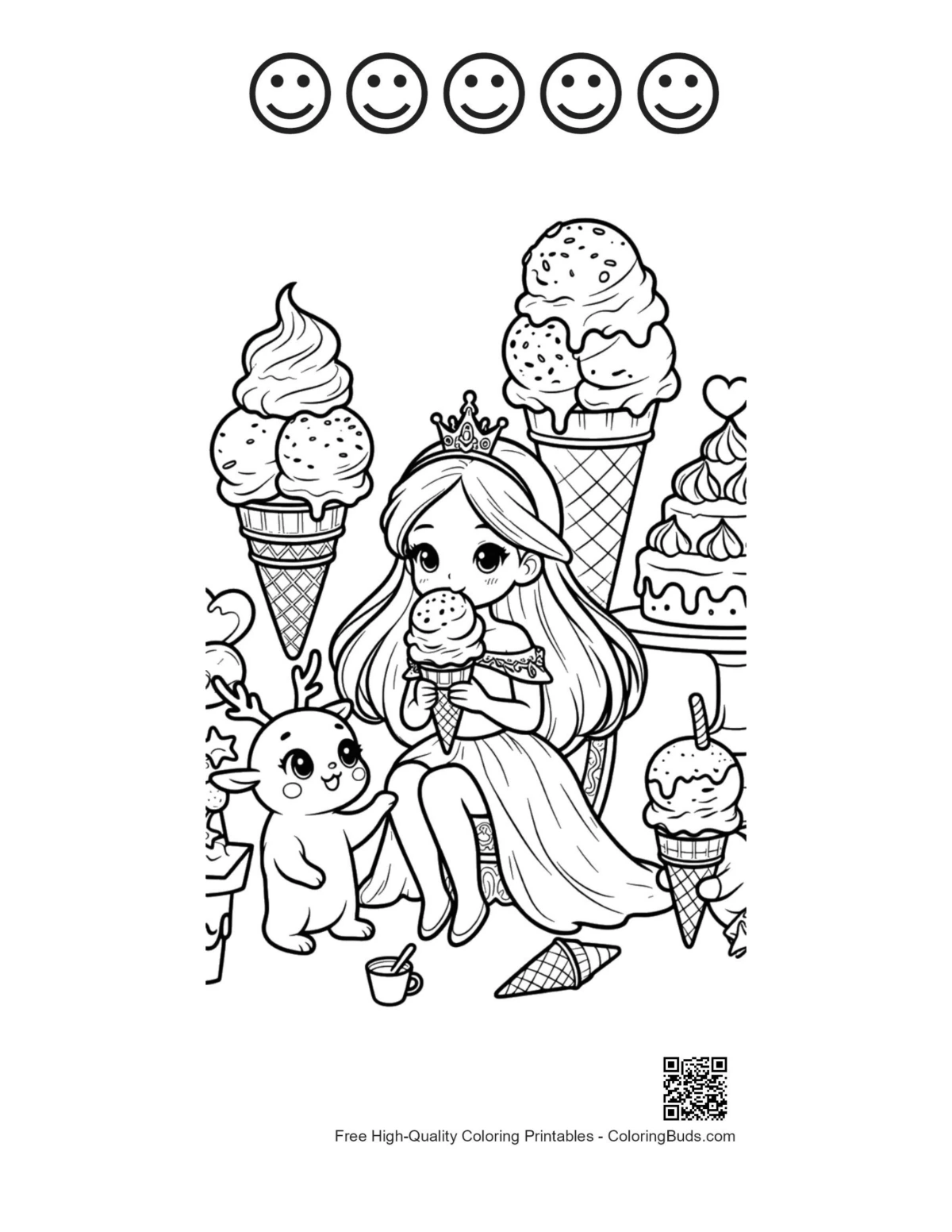 Ice princess coloring page with 5 happy faces