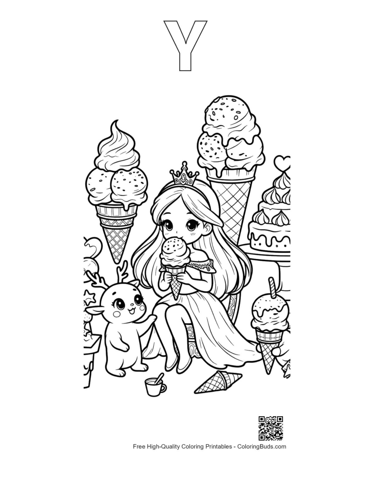 Ice princess ice cream coloring with alphabet Y outline