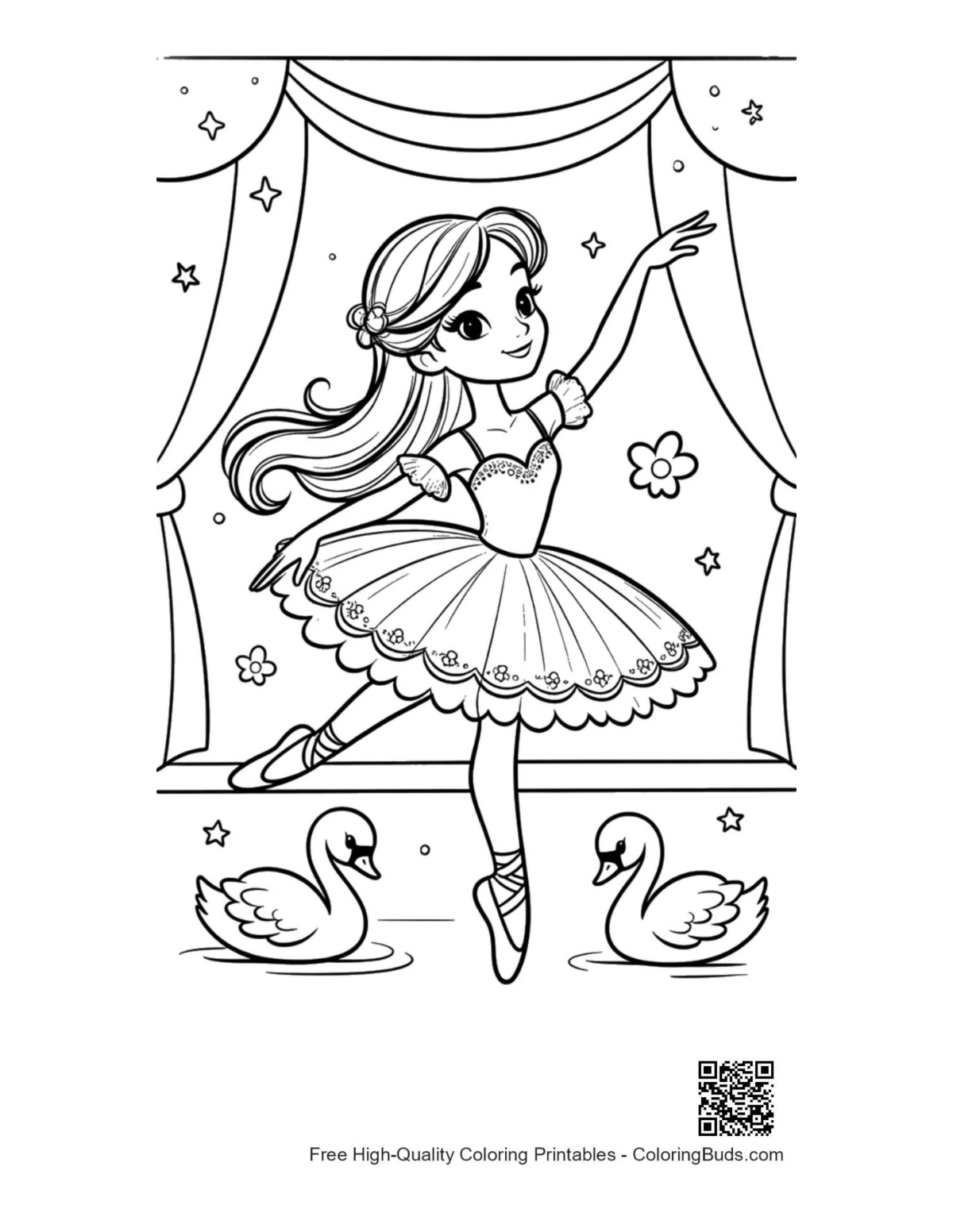 Ballerina princess dancing under crescent moon coloring page