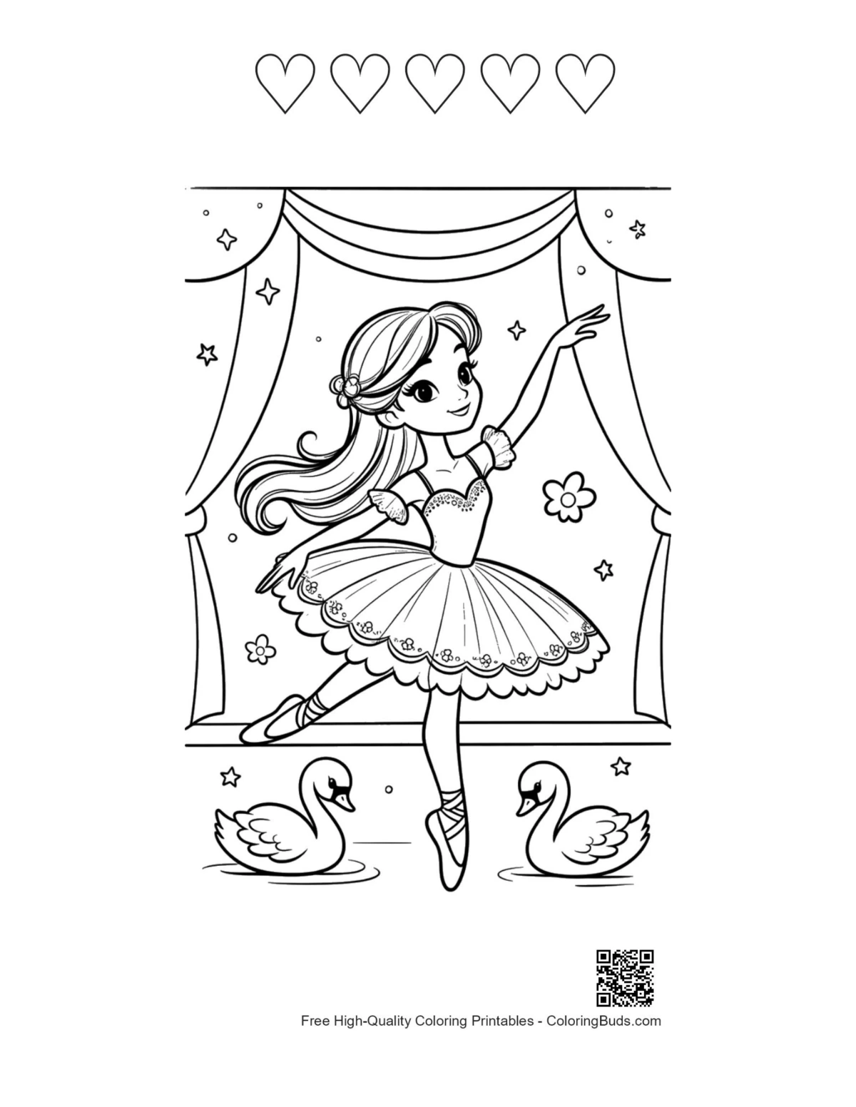Ballerina Princess coloring page hearts and crescent moon