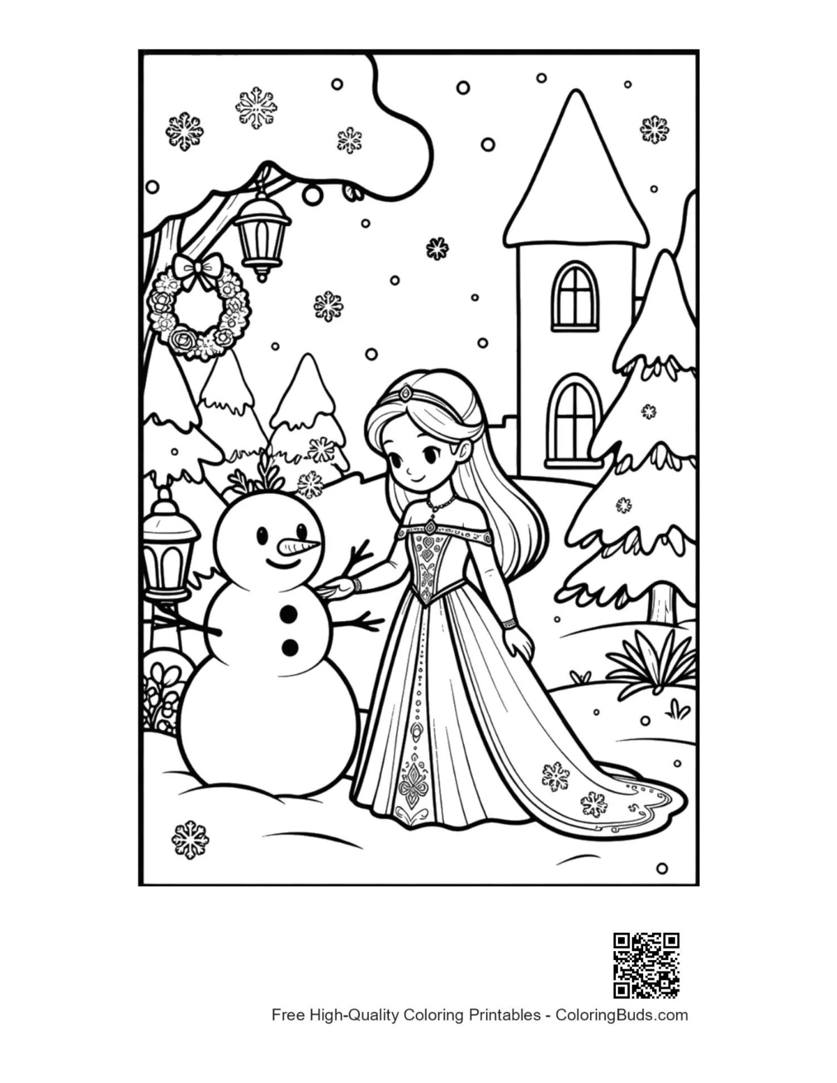 Magical ice princess gown castle coloring printable