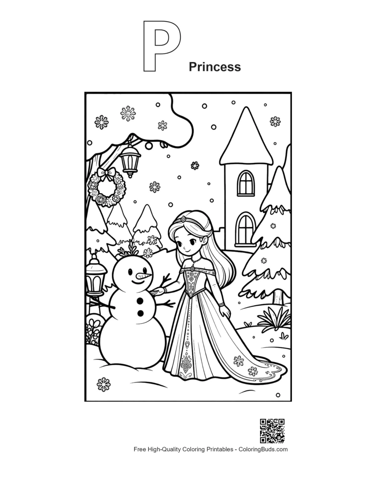 Outline alphabet P ice princess coloring page