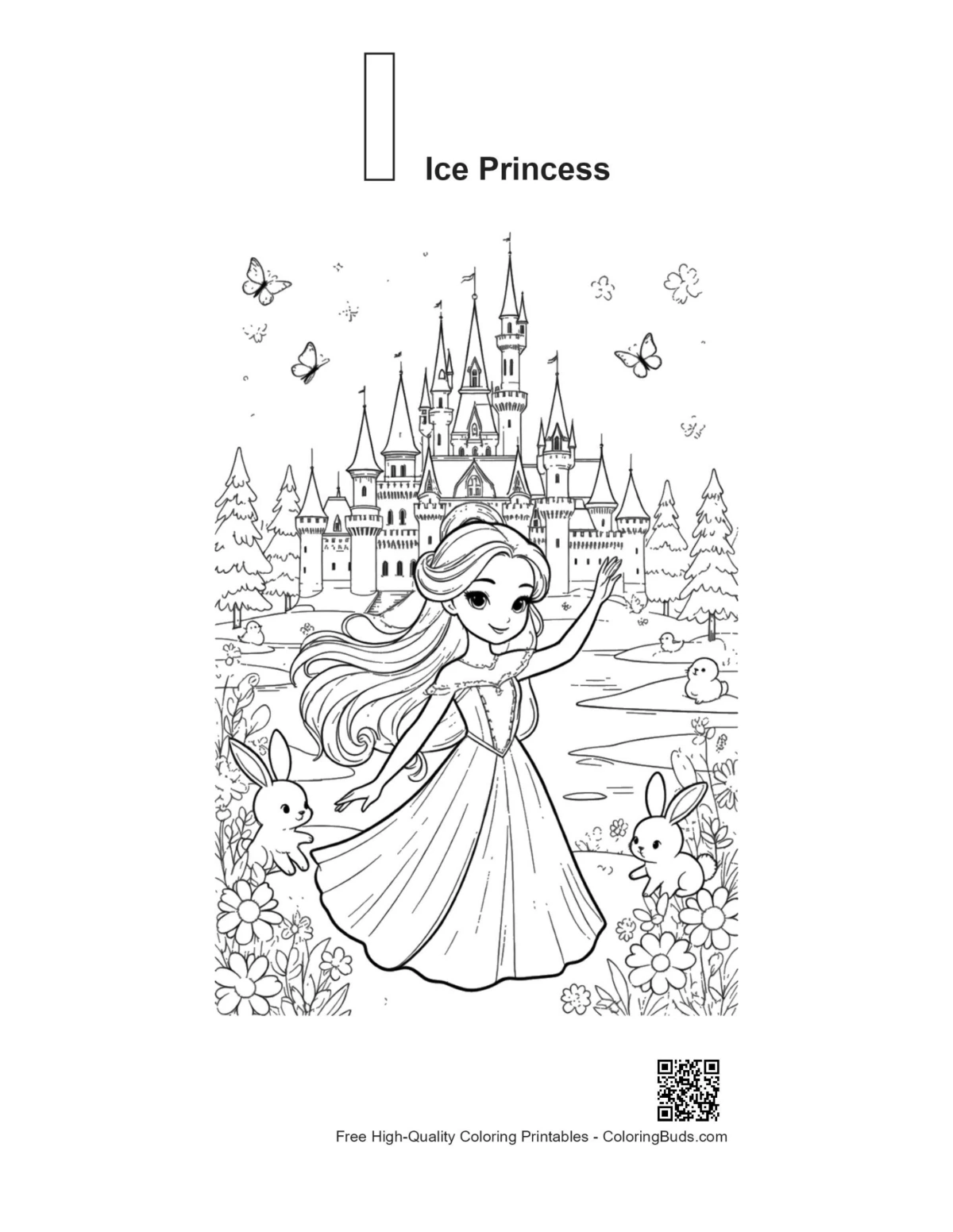 Ice princess twirling outline with alphabet I coloring page