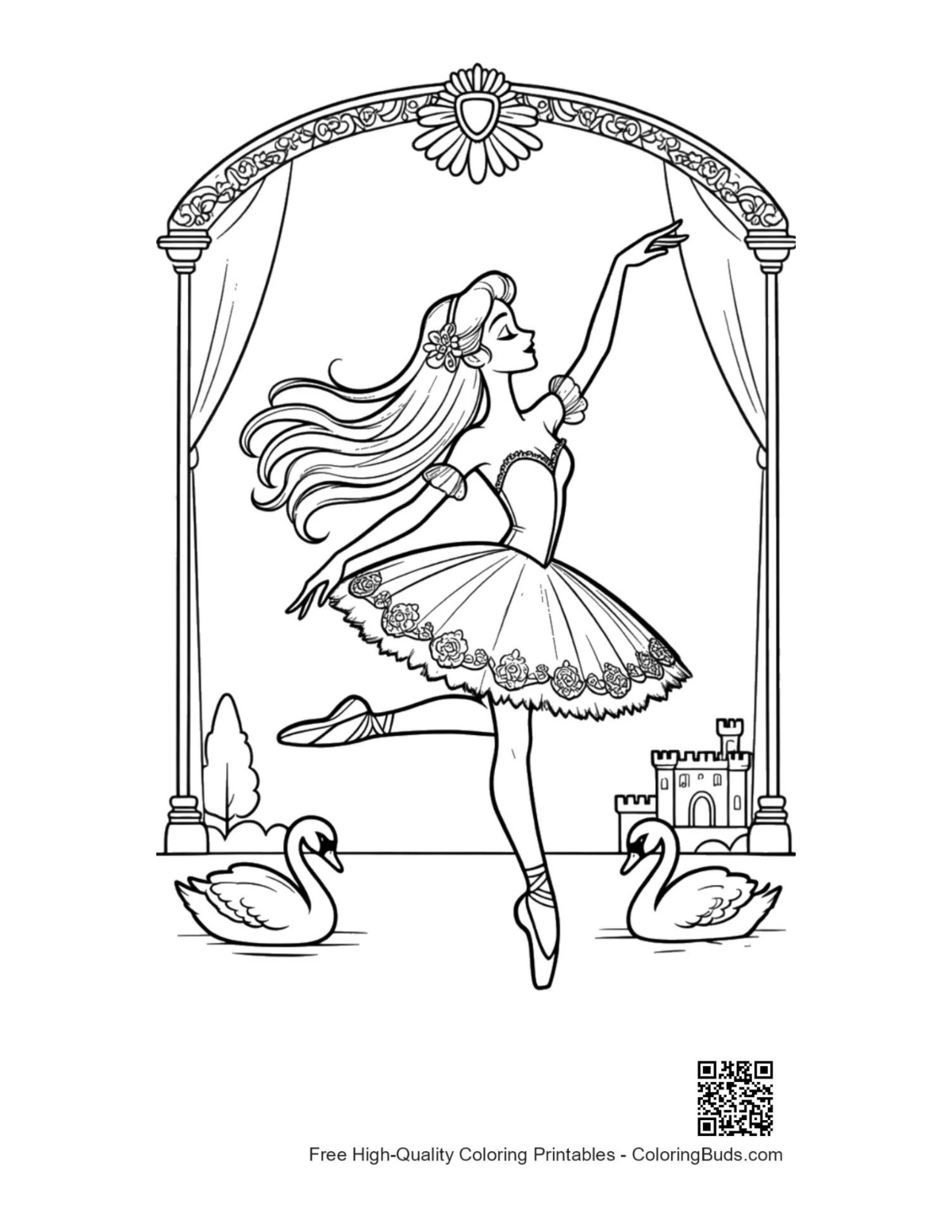 Swan Lake ballerina princess dancing under magic arch printable
