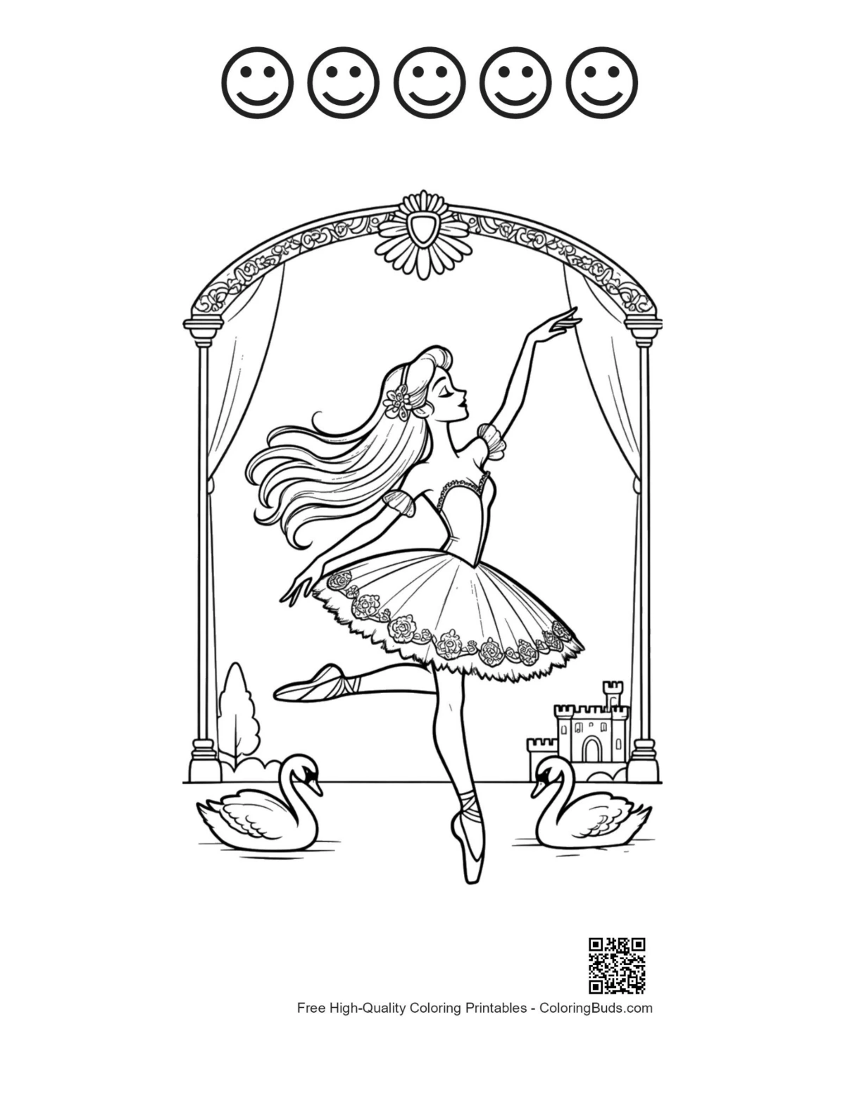 Swan Lake ballerina princess with 5 happy faces outline printable