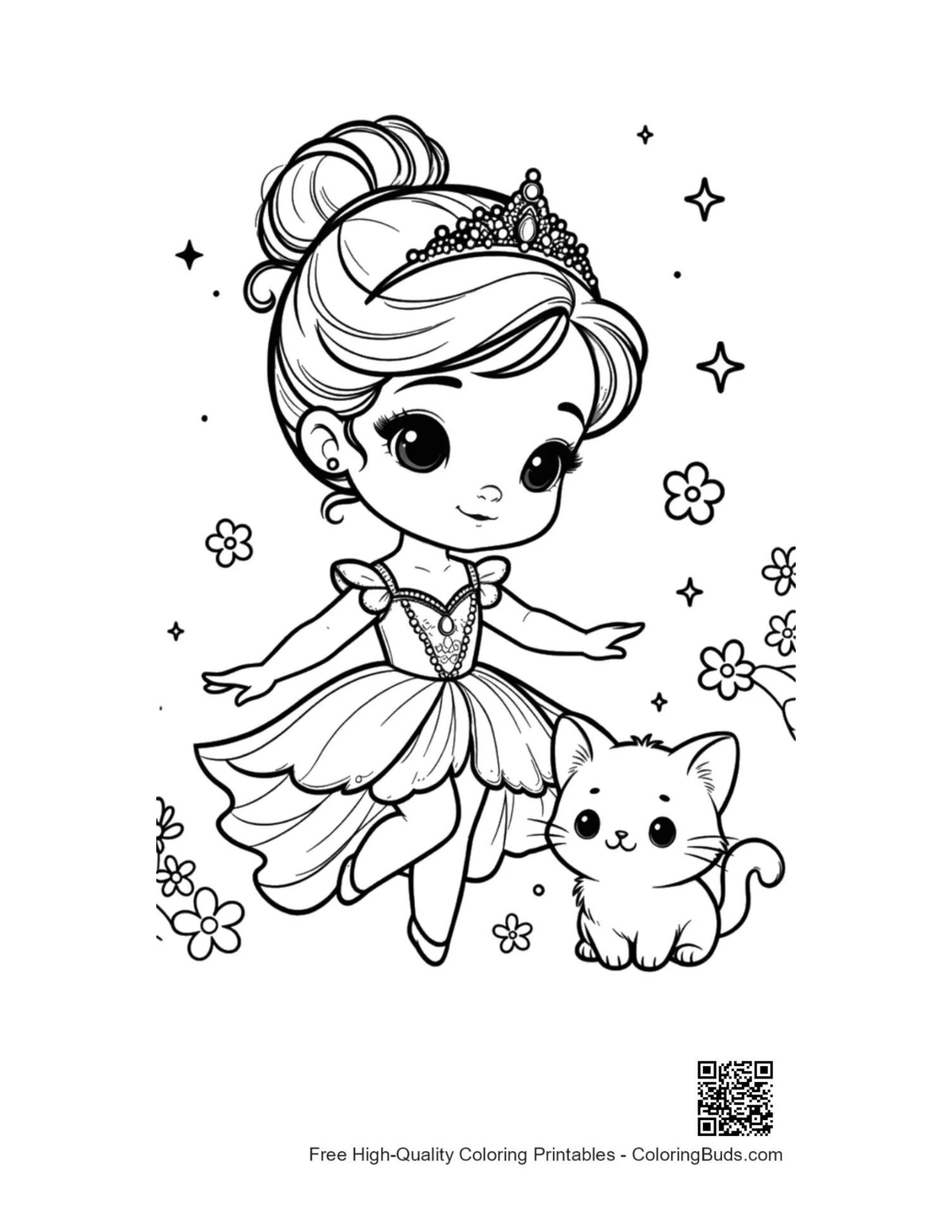 Sweet ballerina princess with cute cats coloring page